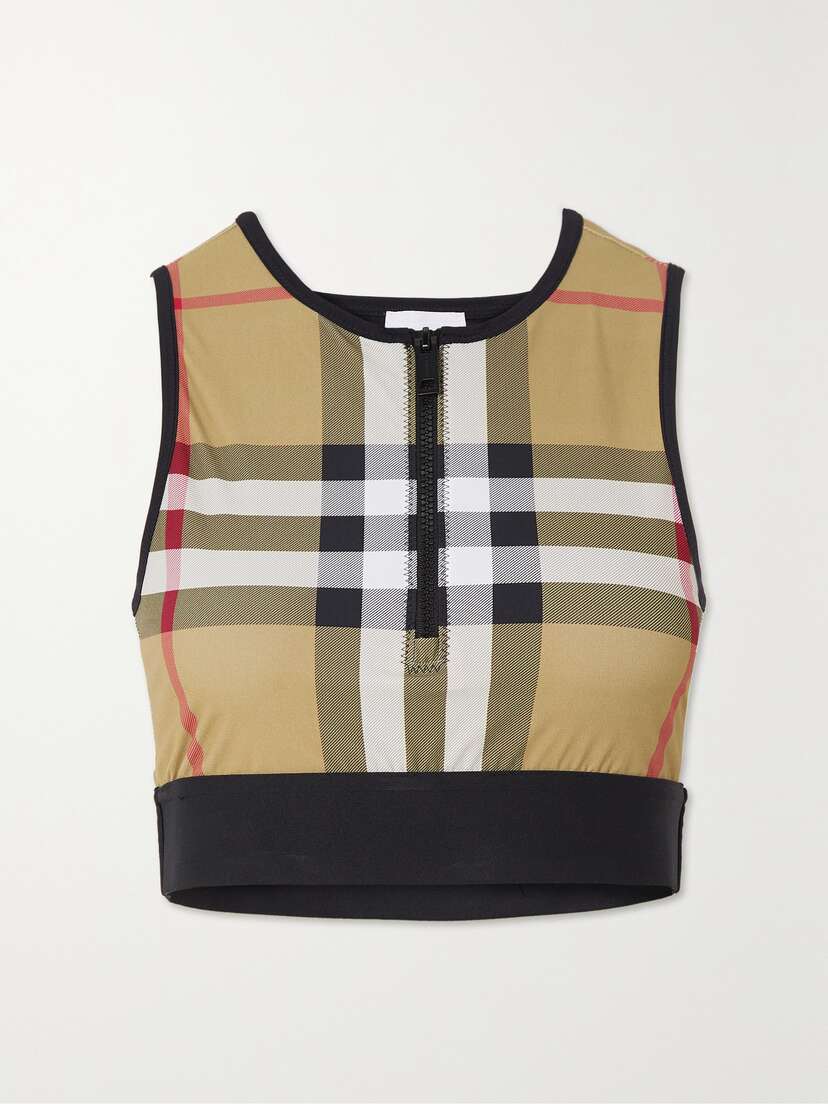 Burberry Cropped Zip-detailed Checked Stretch-jersey Top - - x large