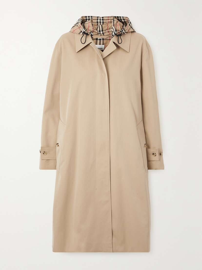 Burberry Hooded Checked Shell-trimmed Cotton-gabardine Trench Coat - UK 16