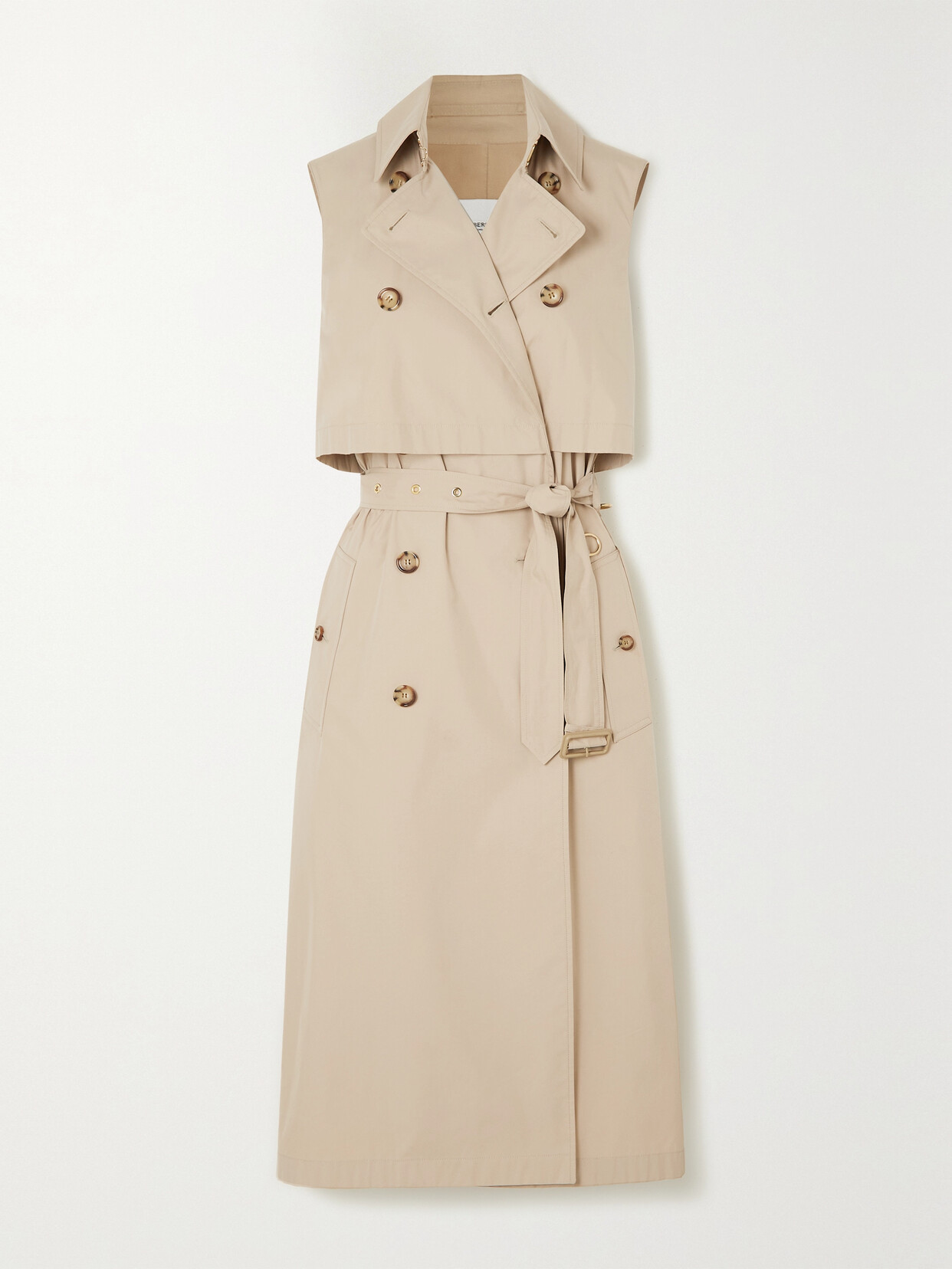 Shop Burberry Belted Layered Double-breasted Cotton-blend Gabardine Midi Dress In Neutrals