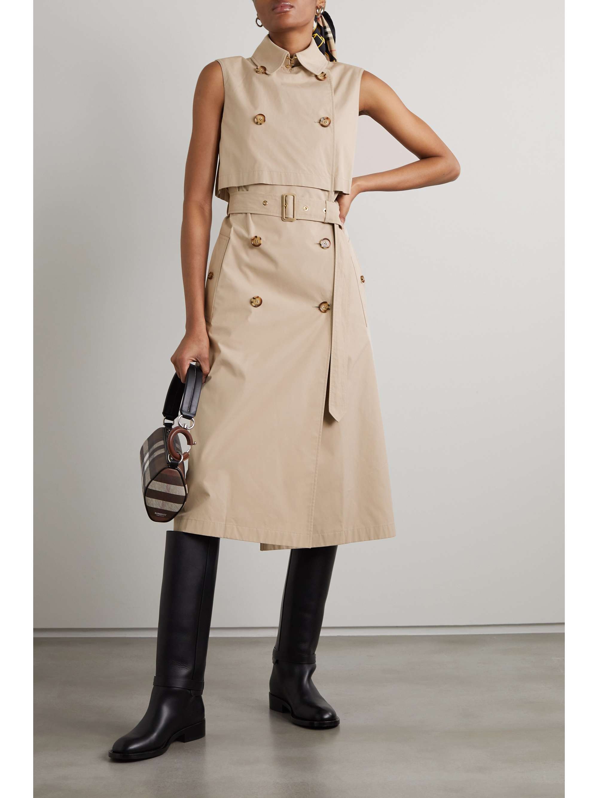 BURBERRY Belted layered double-breasted cotton-blend gabardine midi ...