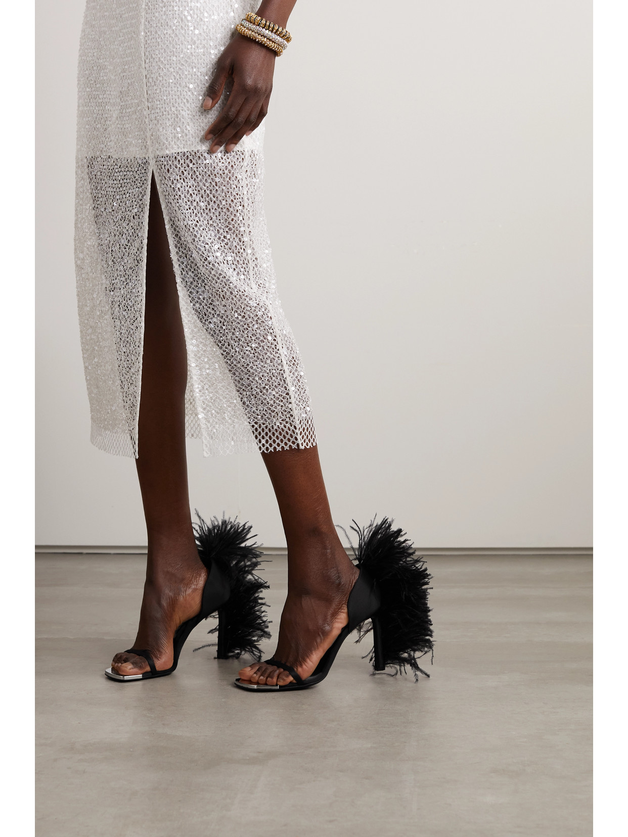 Sergio Rossi + Area Feather-trimmed Satin Sandals In Black