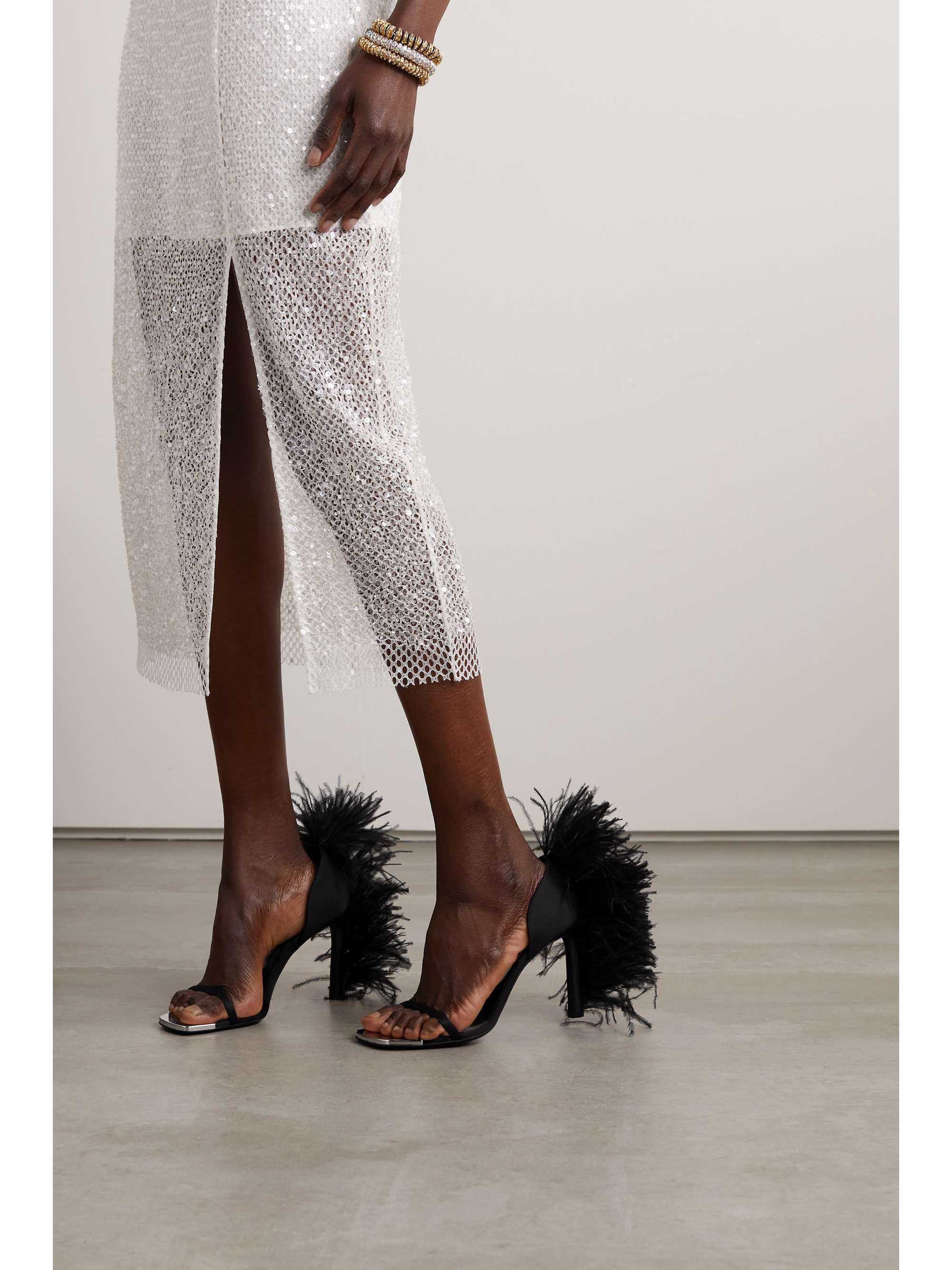 SERGIO ROSSI + AREA feather-trimmed satin sandals