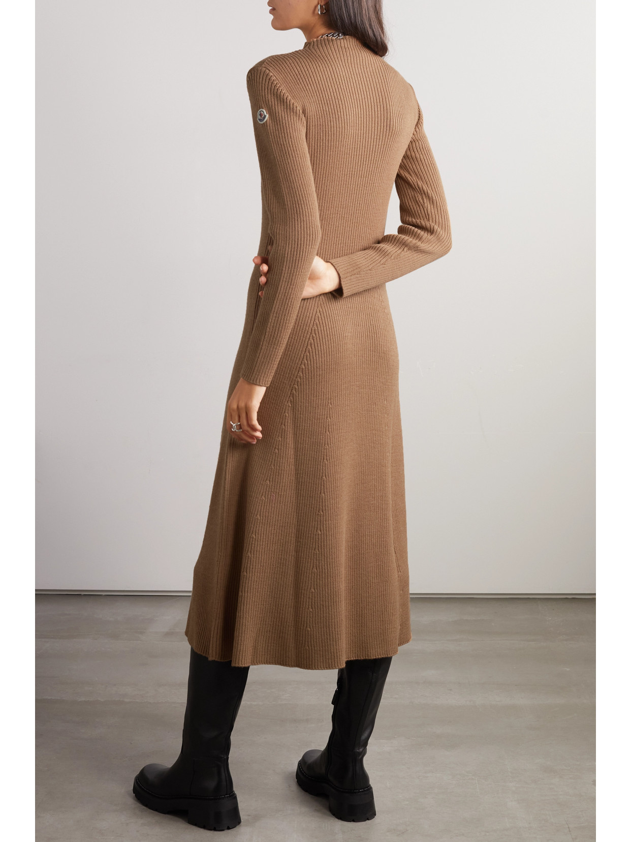 Shop Moncler Ribbed Wool-blend Midi Dress In Brown