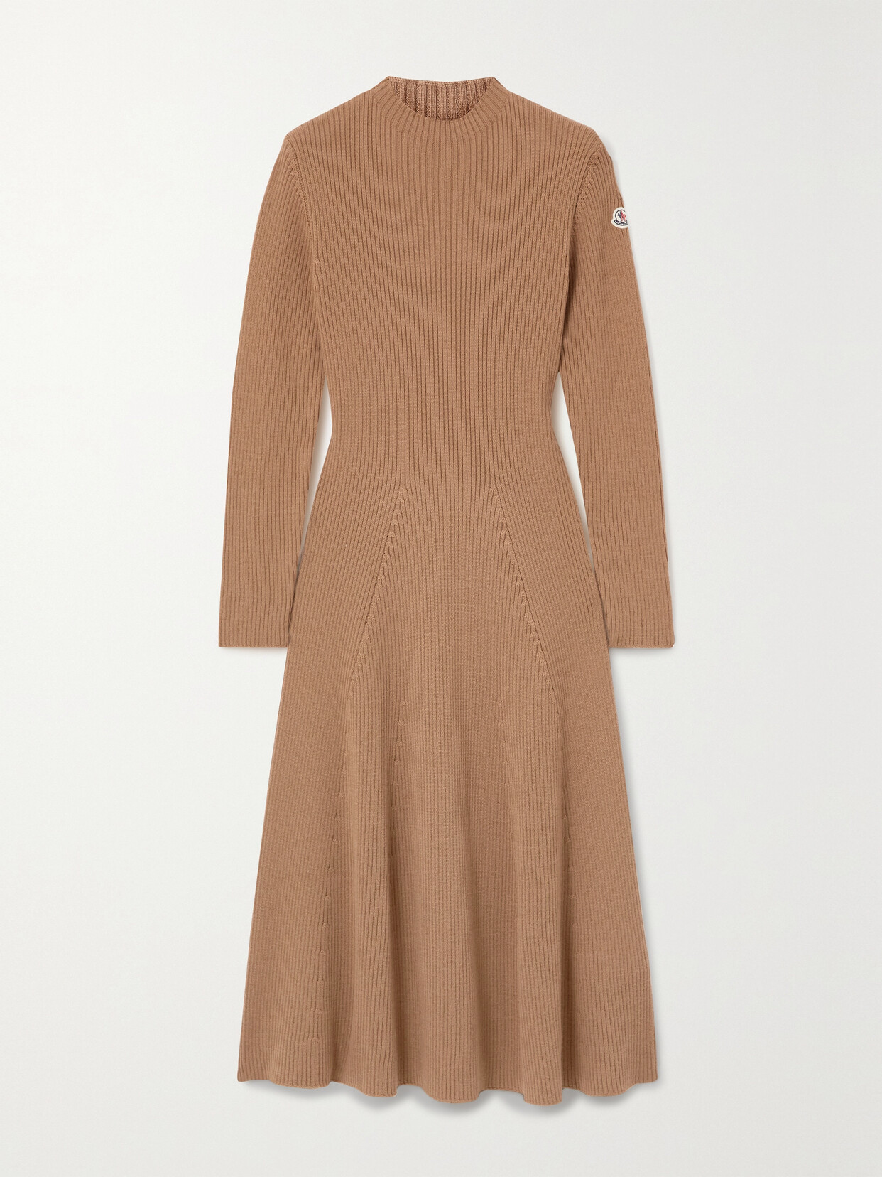 Shop Moncler Ribbed Wool-blend Midi Dress In Brown