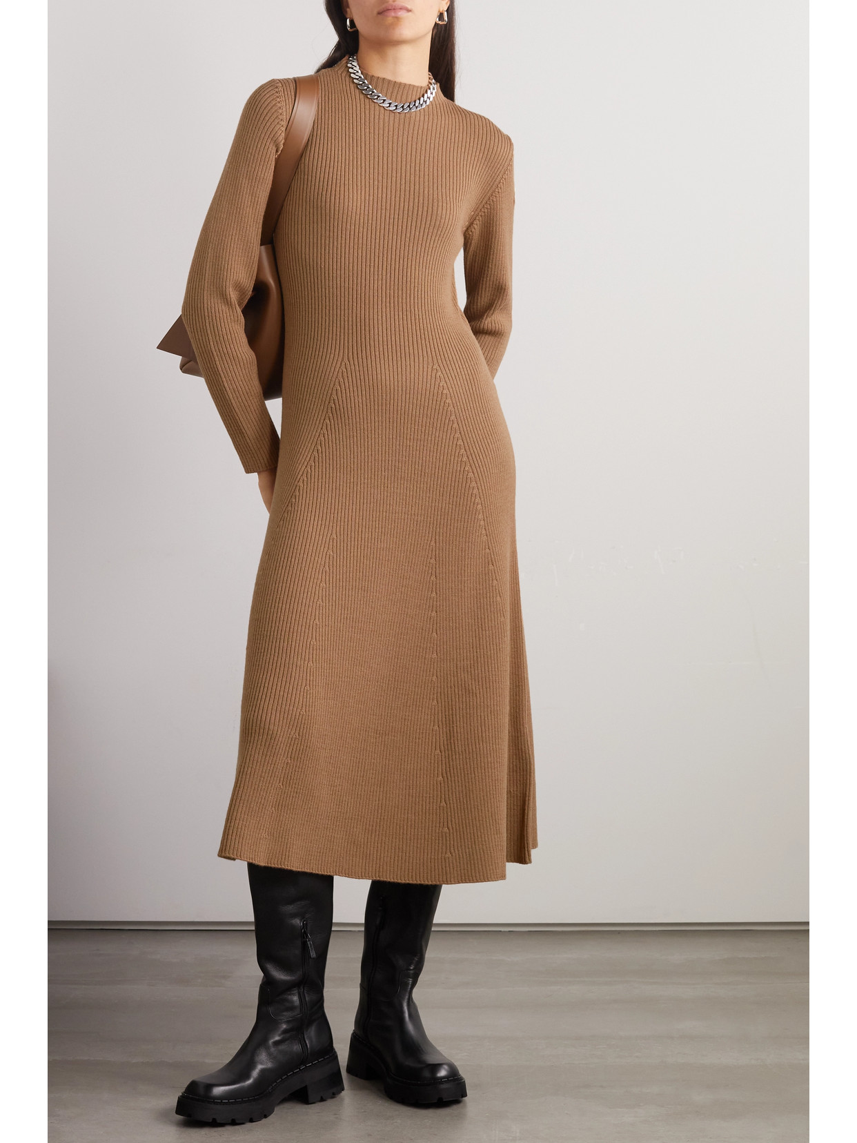 Shop Moncler Ribbed Wool-blend Midi Dress In Brown