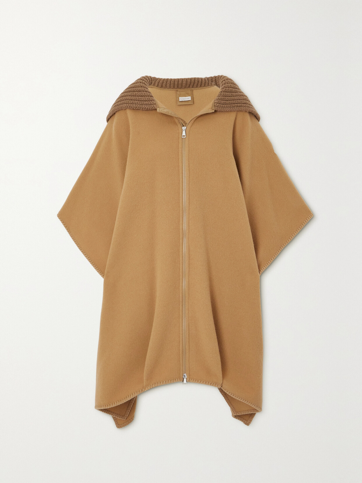 Moncler Wool Long Cape With Knit Collar In Brown