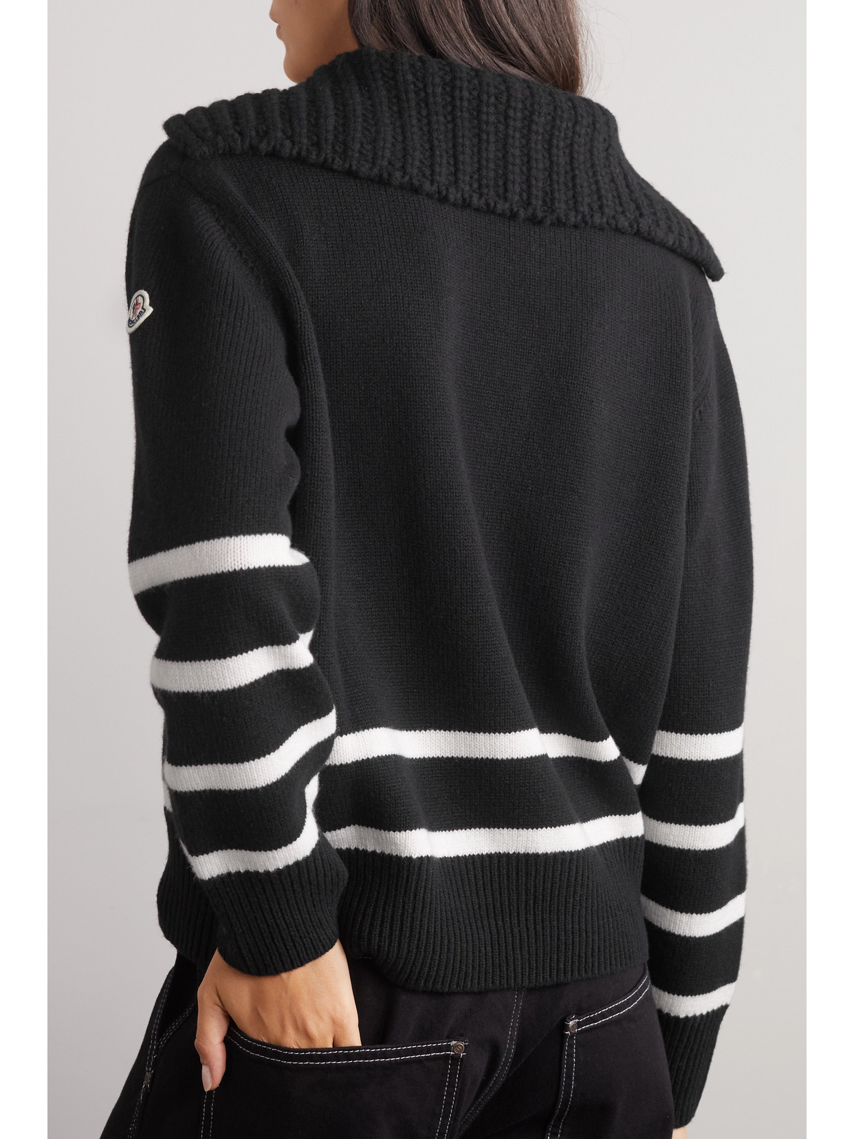 Shop Moncler Appliquéd Striped Wool And Cashmere-blend Sweater In Black