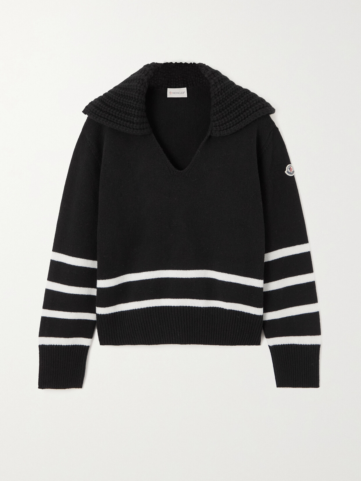 Shop Moncler Appliquéd Striped Wool And Cashmere-blend Sweater In Black