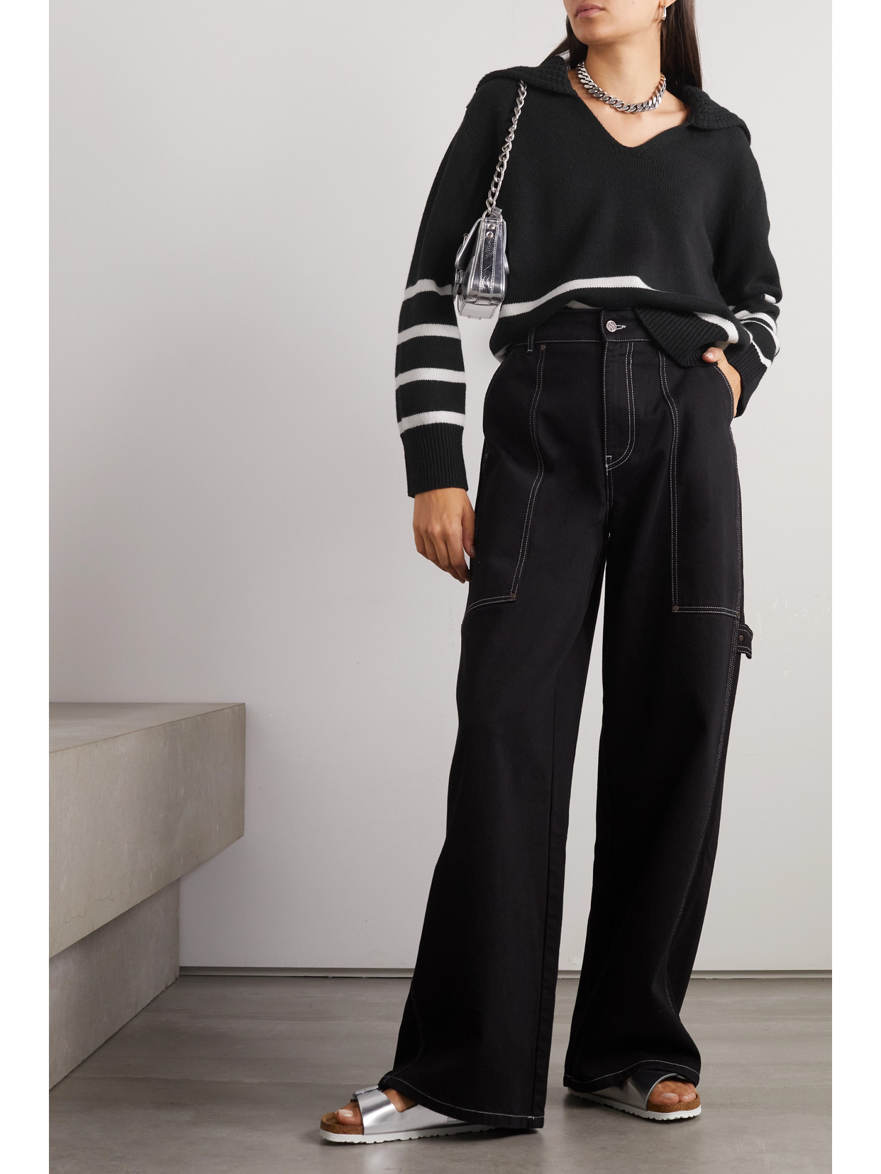 MONCLER APPLIQUÉD STRIPED WOOL AND CASHMERE-BLEND SWEATER