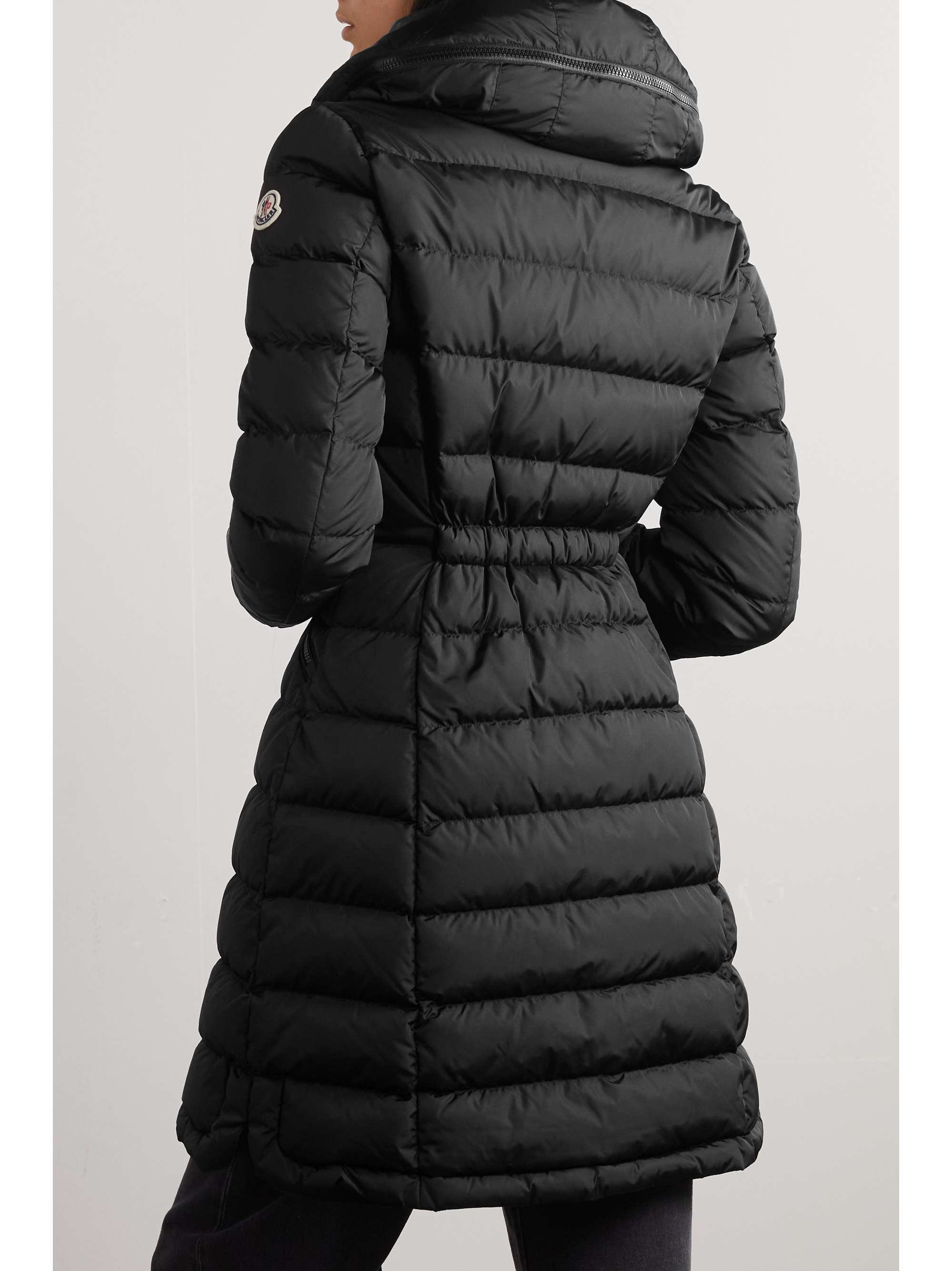 Flammette appliquéd hooded quilted tech-shell down coat