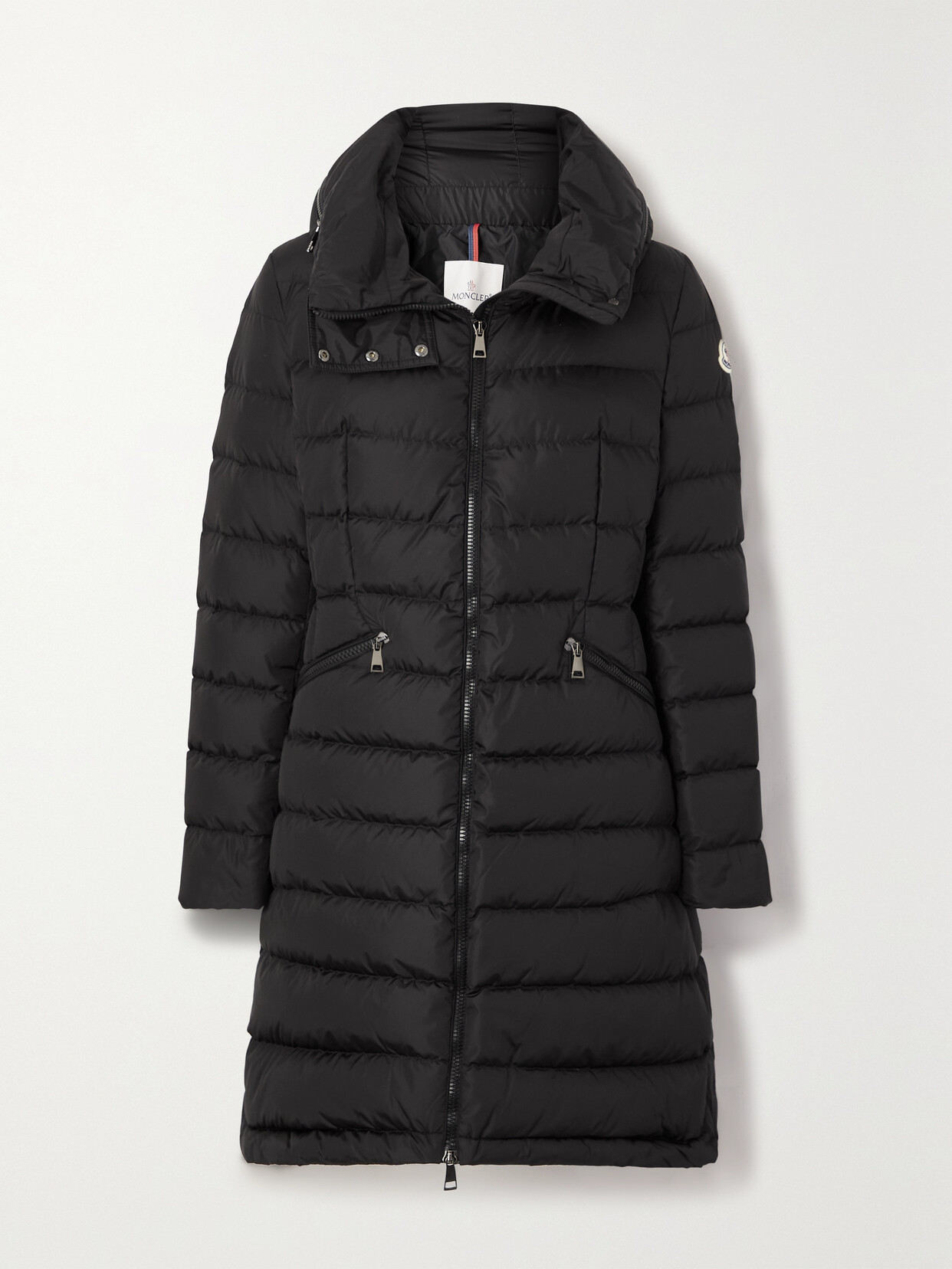 Shop Moncler Flammette Appliquéd Hooded Quilted Tech-shell Down Coat In Black