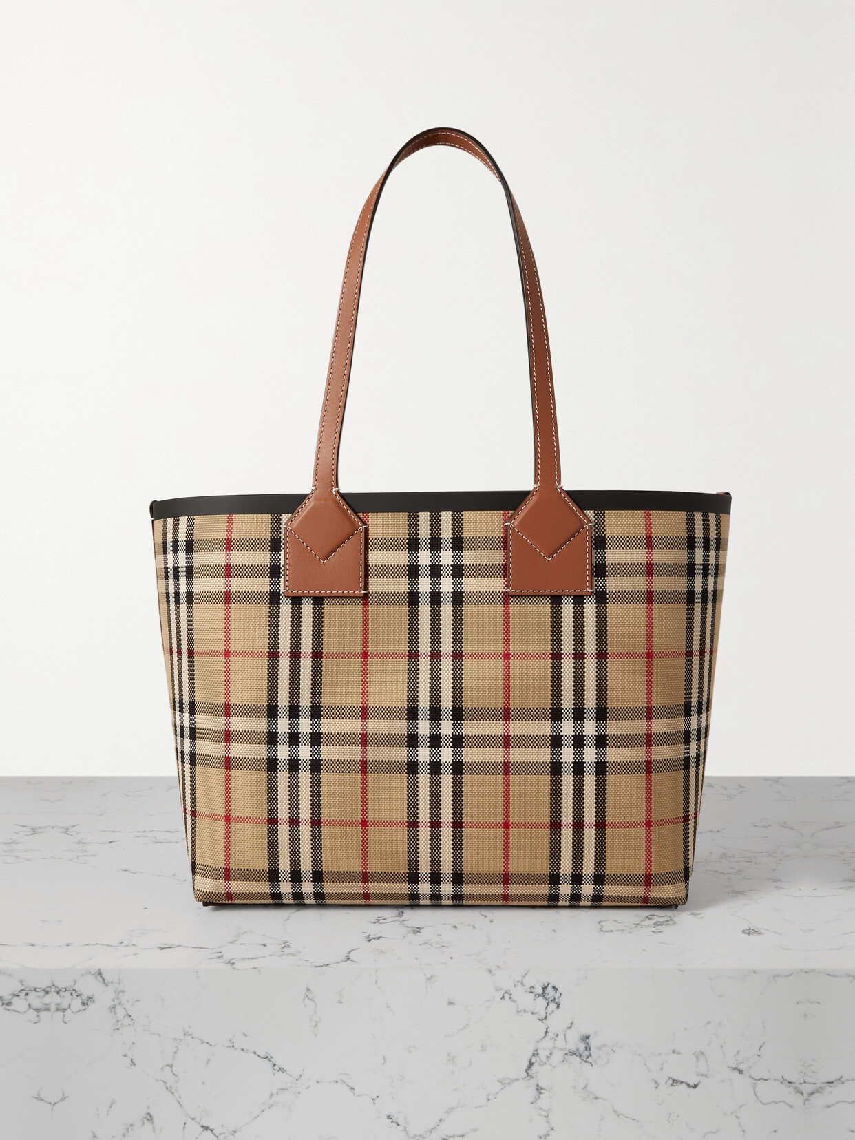 Burberry Small Leather-trimmed Checked Cotton-canvas Tote In Brown