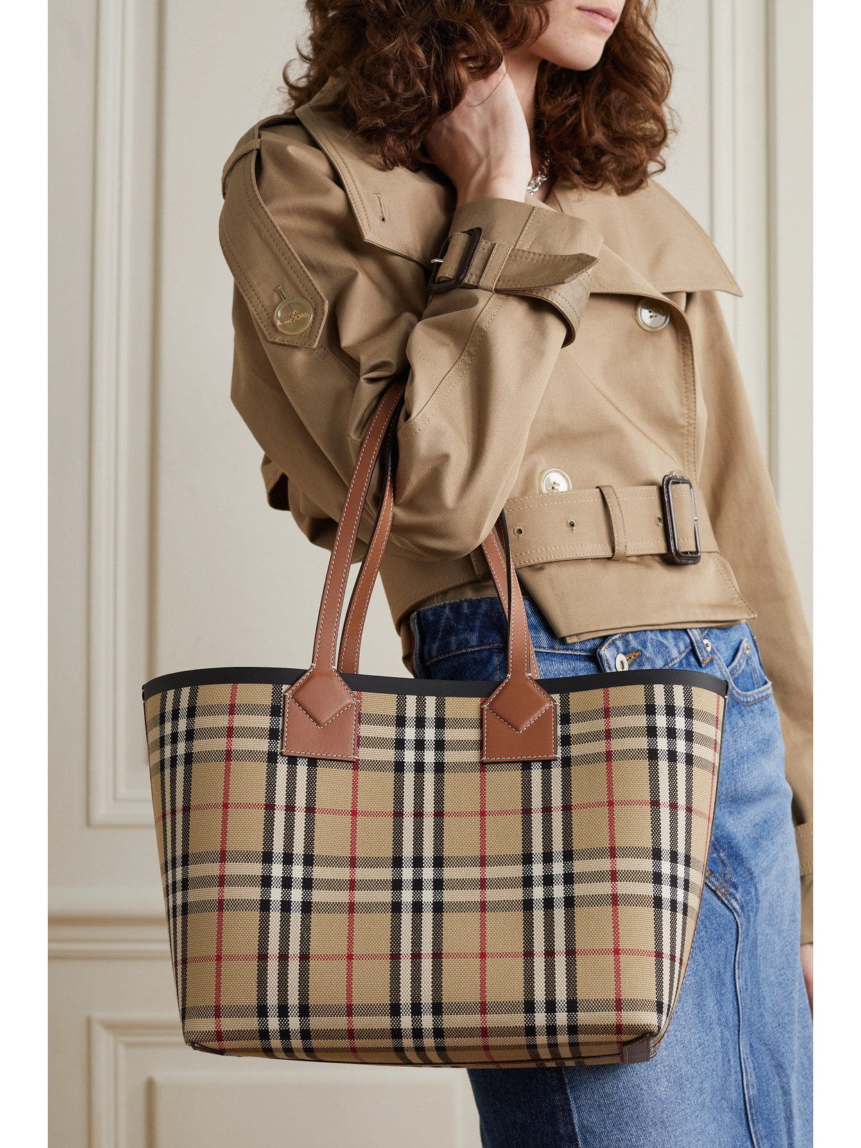 Shop Burberry Small Leather-trimmed Checked Cotton-canvas Tote In Brown