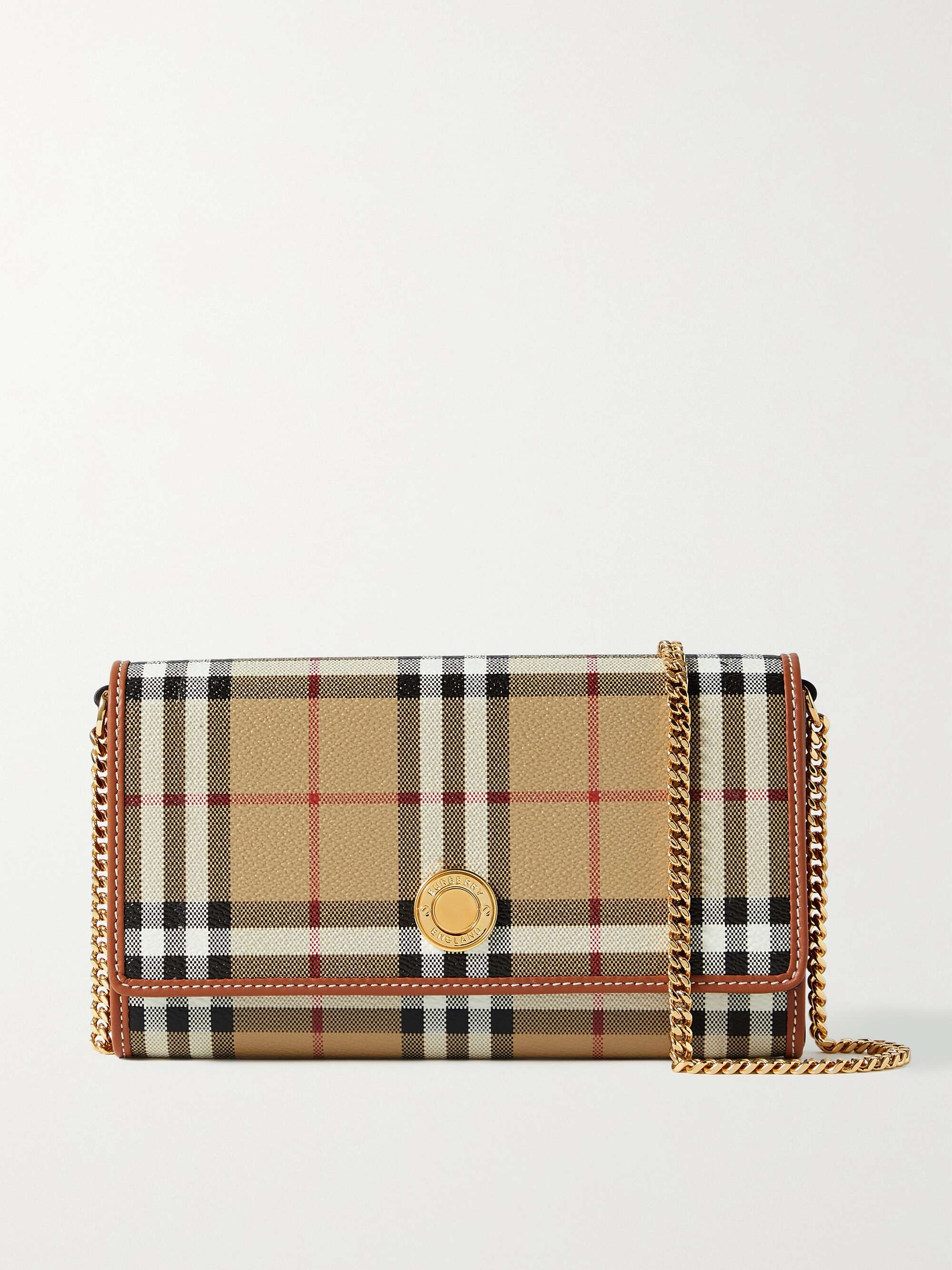 Leather-trimmed checked canvas shoulder bag