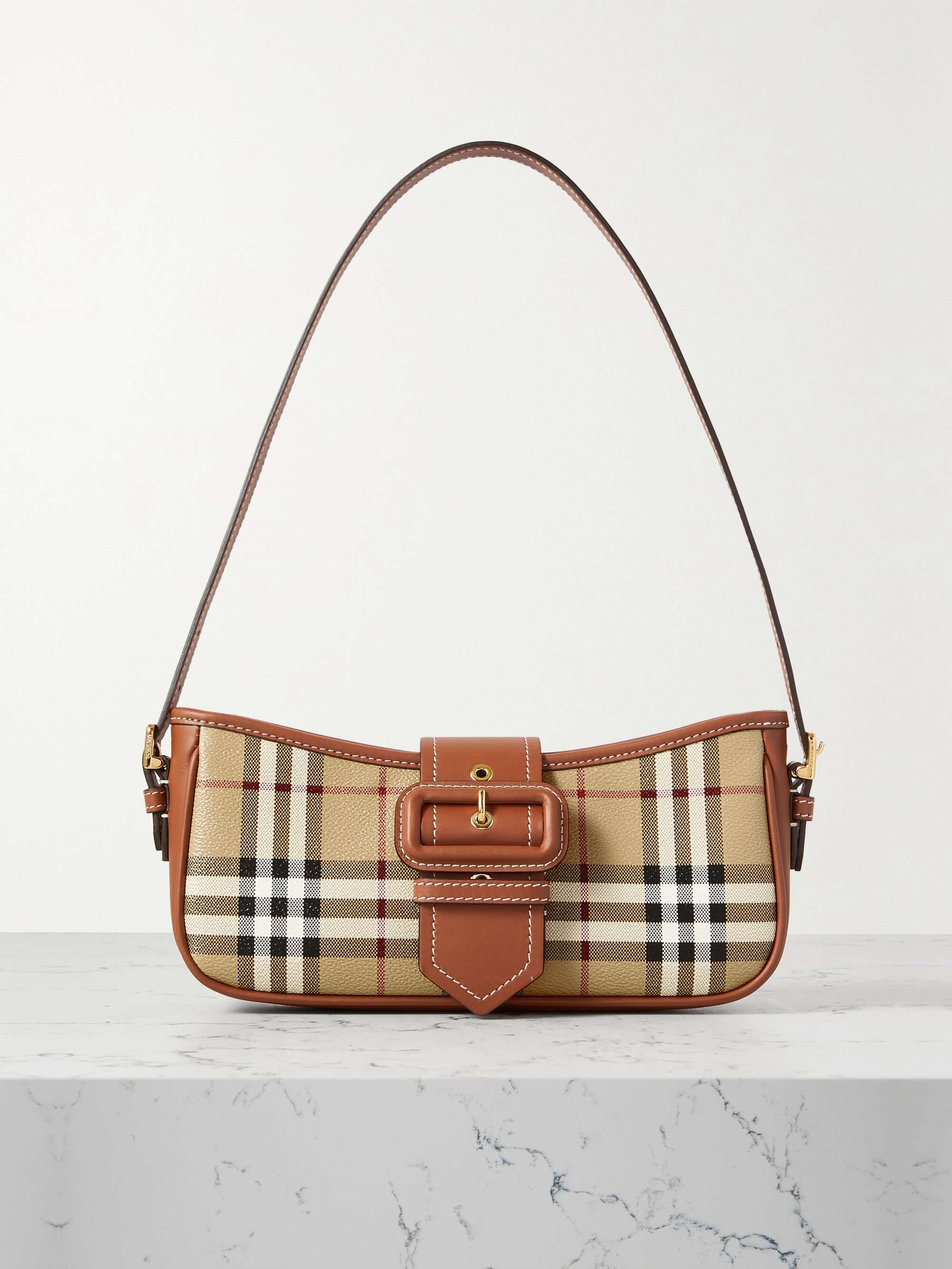 Burberry Leather-trimmed Checked Coated-canvas Shoulder Bag - Women - Brown Shoulder Bags