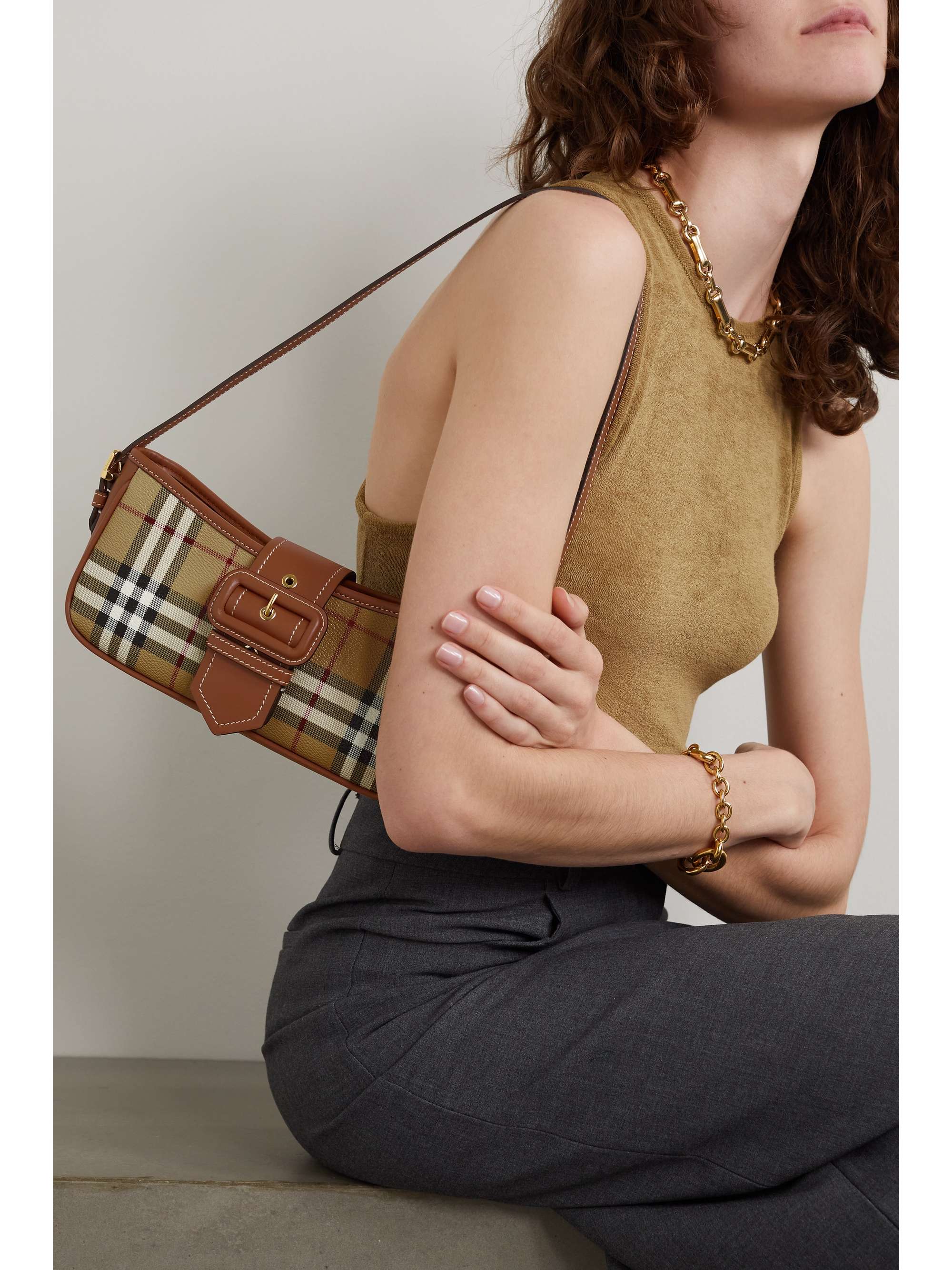 Leather-trimmed checked canvas shoulder bag