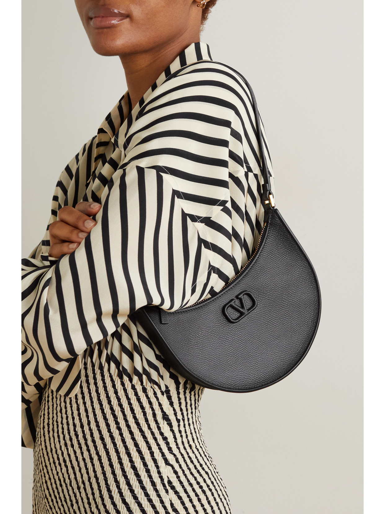 Valentino Half-moon Leather Shoulder Bag With Chain Strap In Black