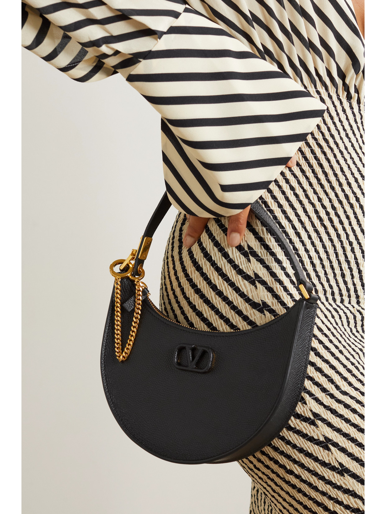 Valentino Half-moon Leather Shoulder Bag With Chain Strap In Black