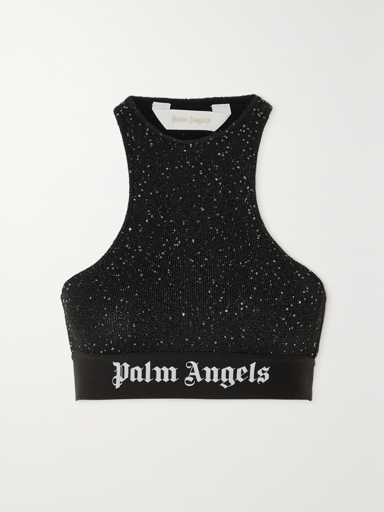 Palm Angels Soiree Cropped Sequined Knitted Top In Black