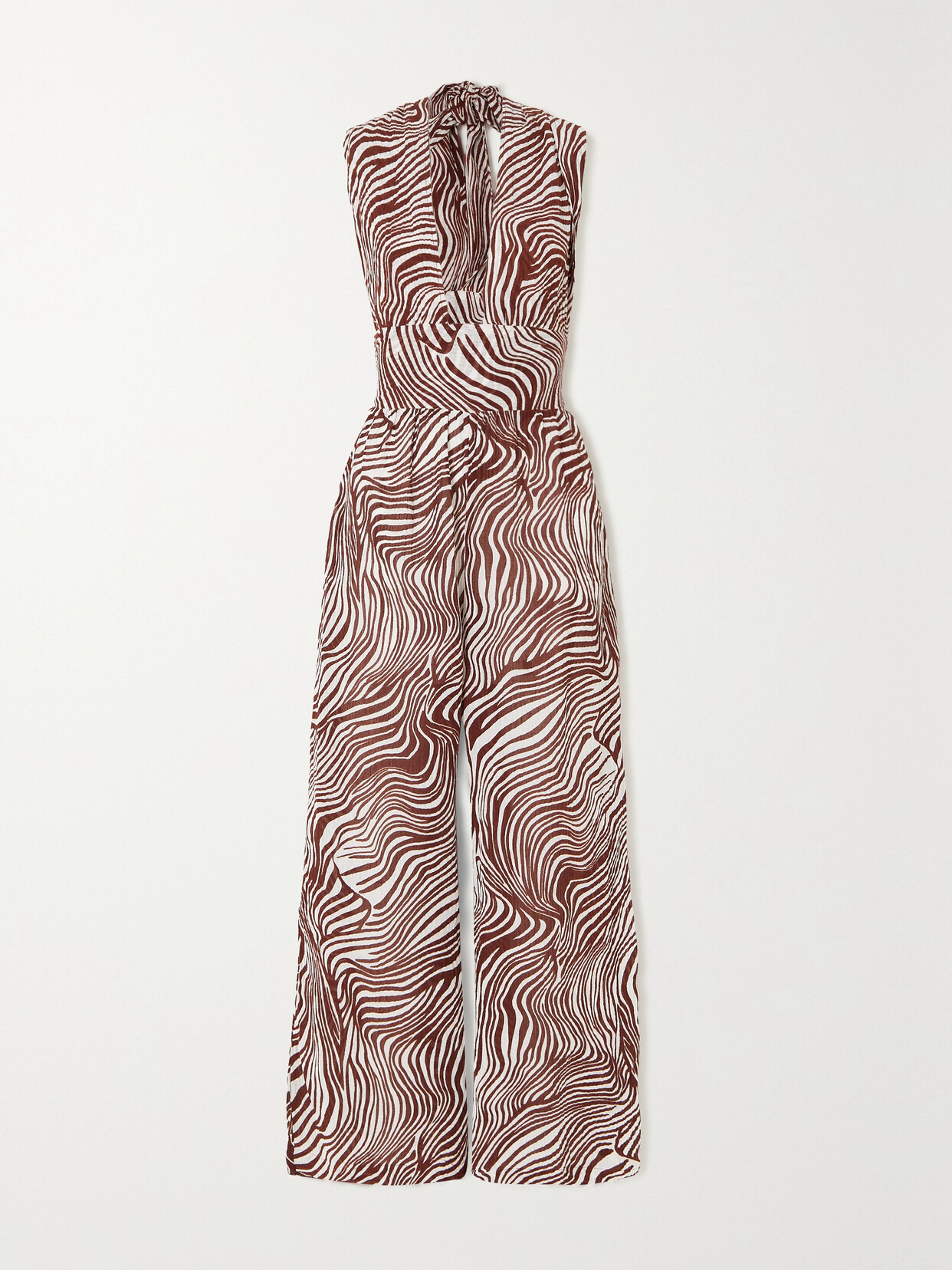 Faithfull The Brand + Net Sustain Vacanza Zebra-print Crinkled Linen-blend Halterneck Jumpsuit - Brown