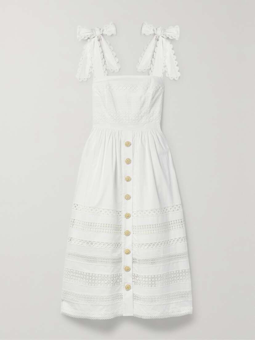 Cara Cara Nidhi Button-embellished Guipure Lace-trimmed Cotton Midi Dress