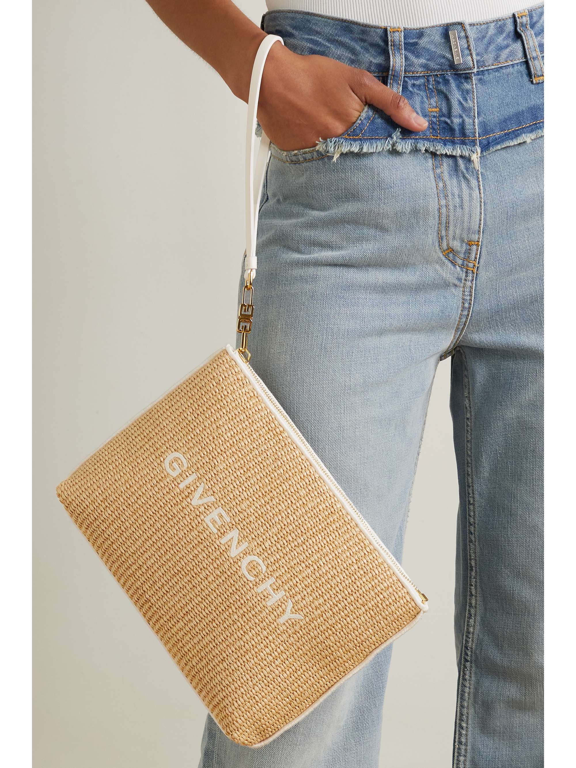 GIVENCHY Leather-trimmed appliquéd raffia pouch | NET-A-PORTER