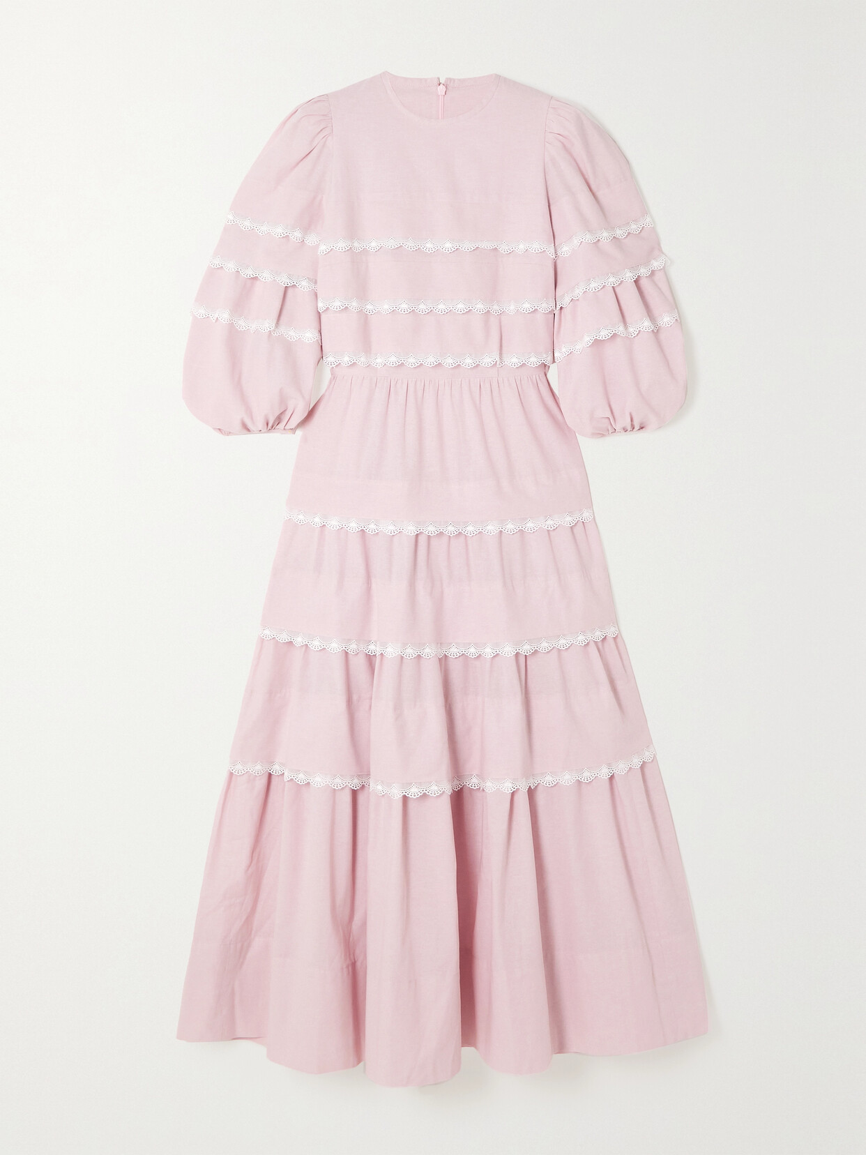 Anna Mason Mimi Lace-trimmed Tiered Cotton-chambray Midi Dress - Pink