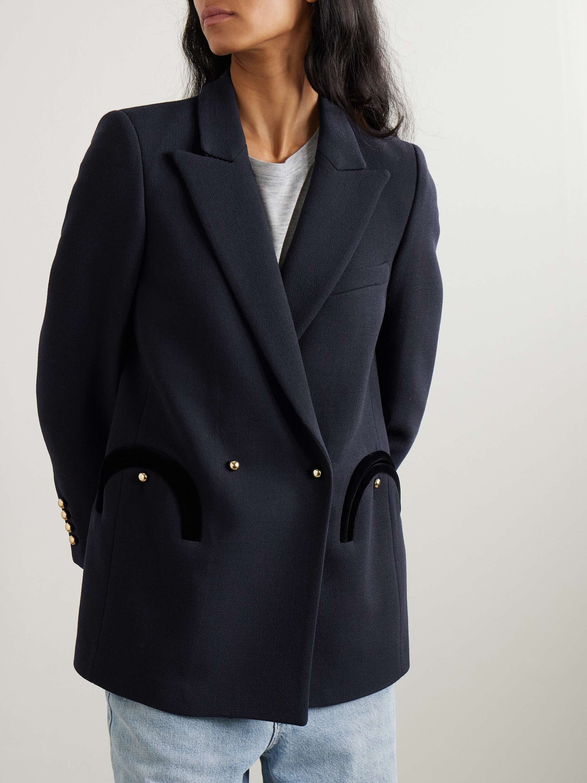 BLAZÉ MILANO Resolute Everyday double-breasted velvet-trimmed wool-crepe blazer