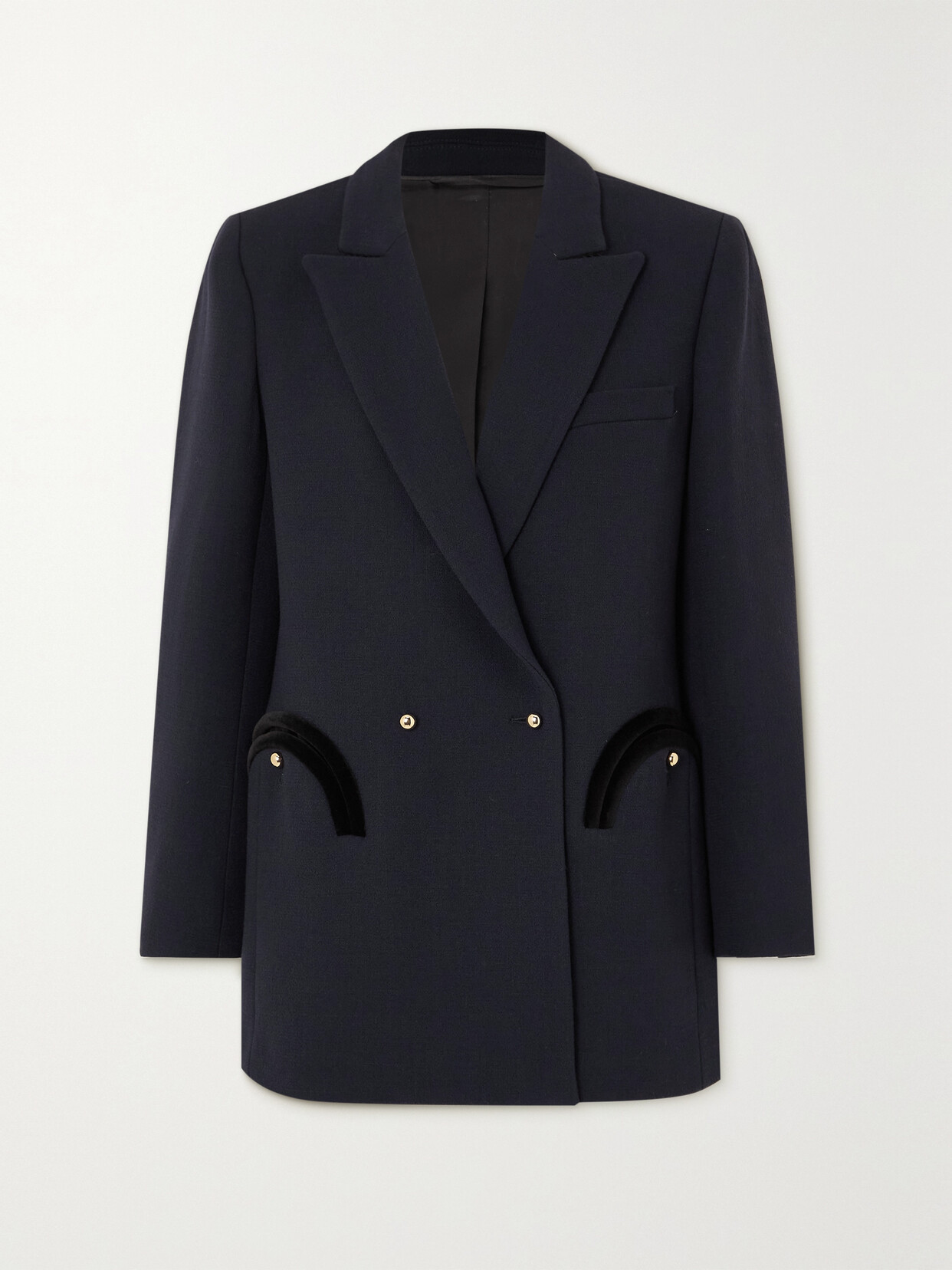 Shop Blazé Milano Resolute Everyday Double-breasted Velvet-trimmed Wool-crepe Blazer In Blue