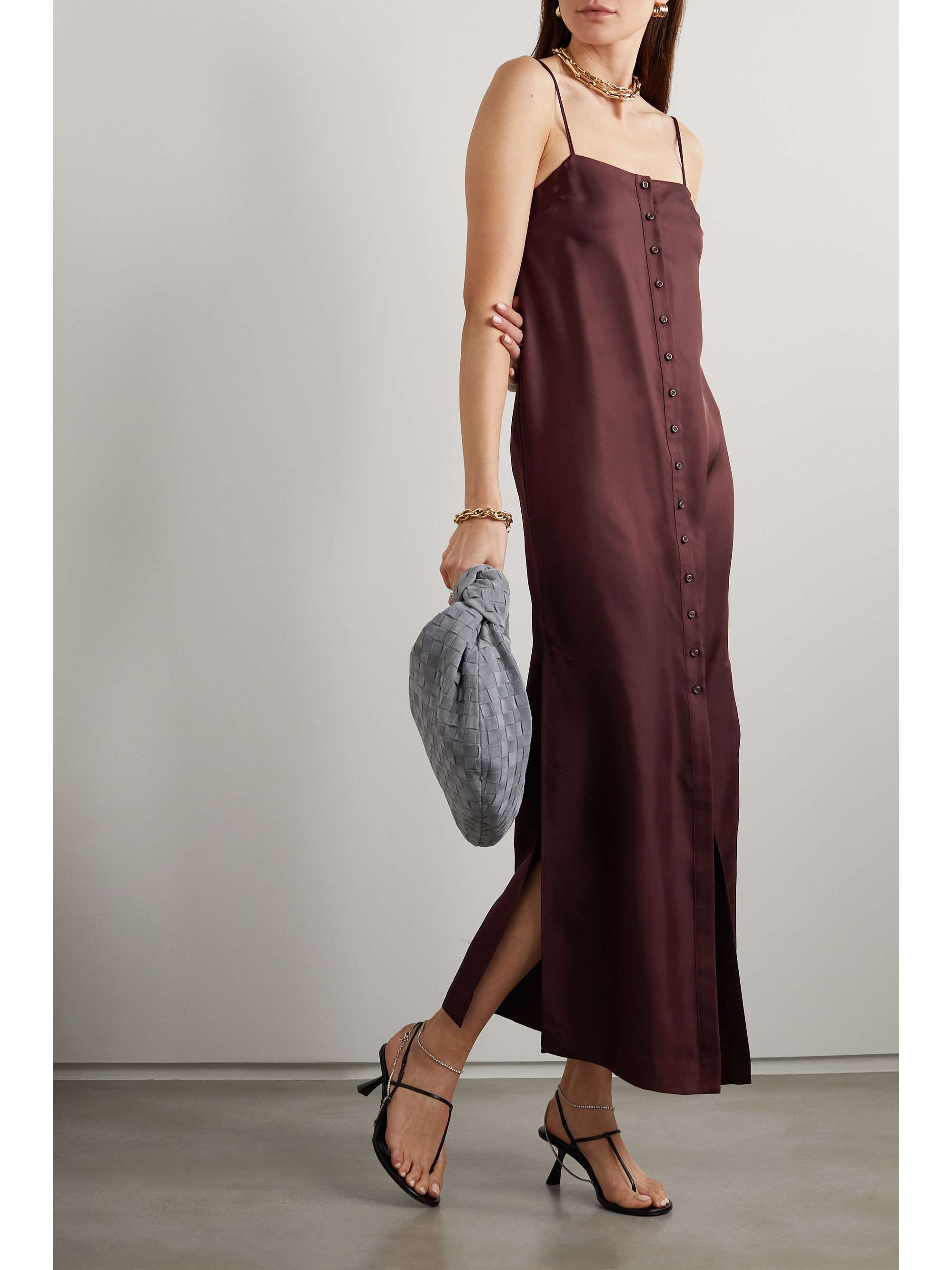 Burgundy silk deals maxi dress