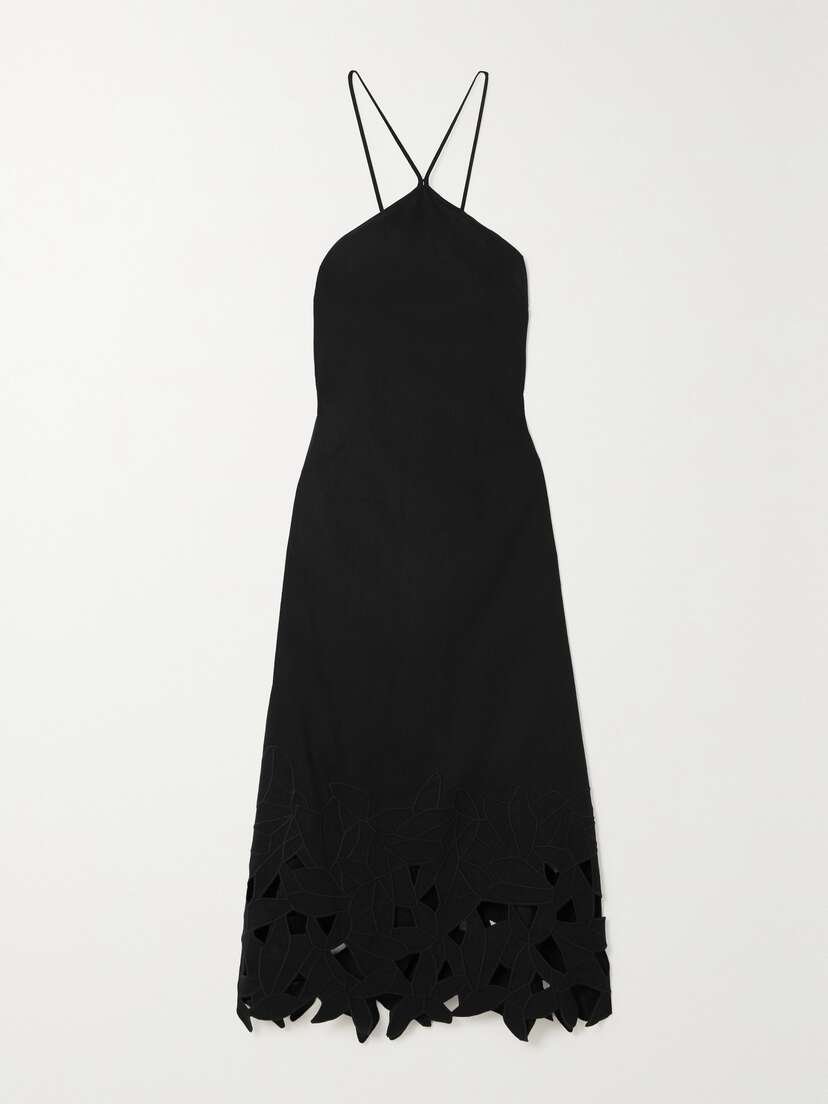 Simkhai Simone Cutout Embroidered Linen-blend Halterneck Midi Dress