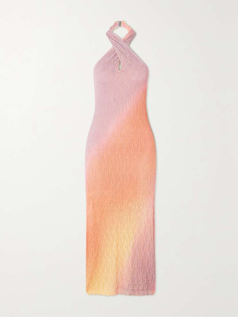 SIMKHAI Felly Ombré Crocheted Cotton Halterneck Midi Dress