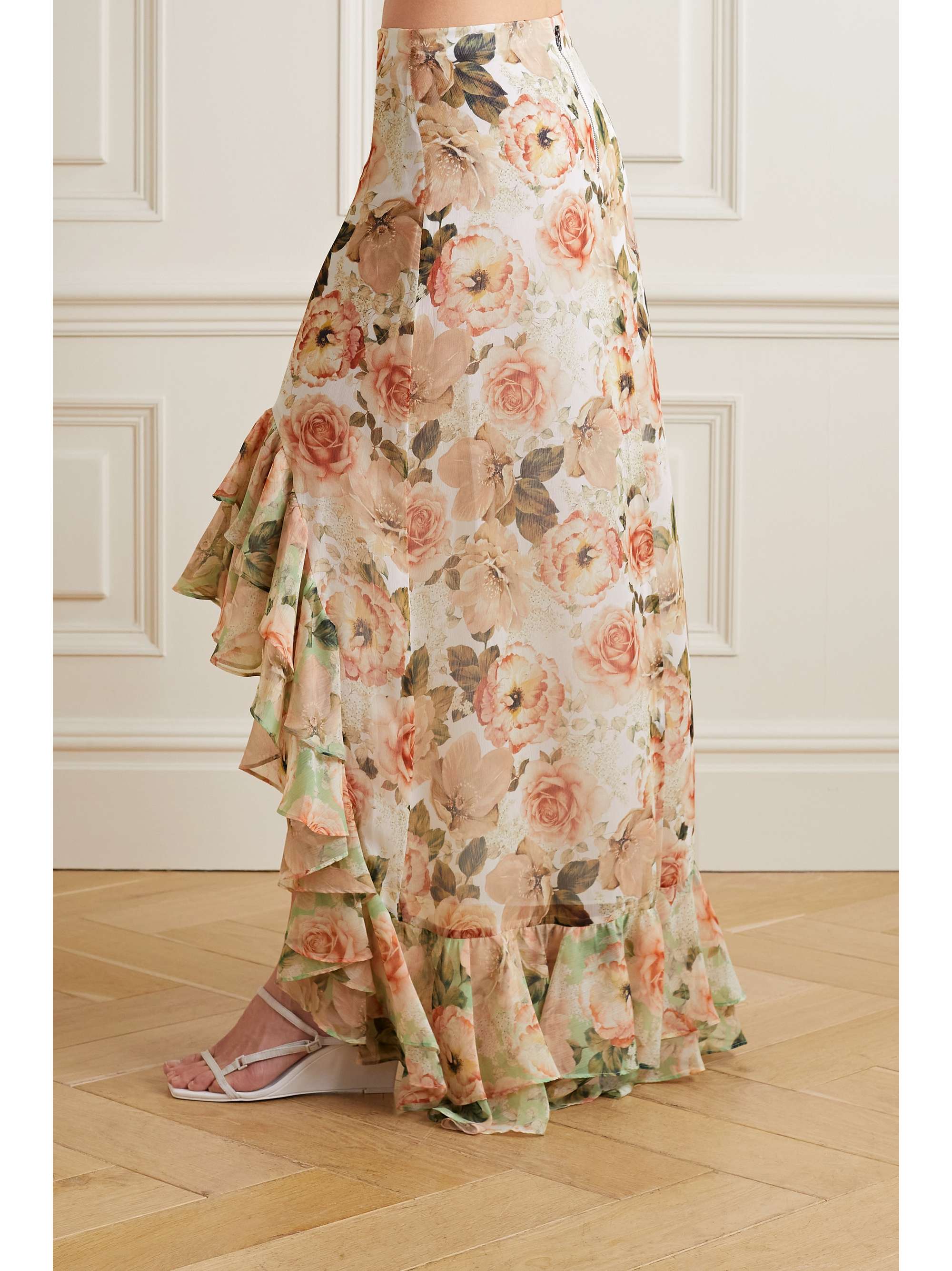 ALICE + OLIVIA Braylee asymmetrischer Maxirock aus Crêpe de Chine mit Blumenprint und Volants
