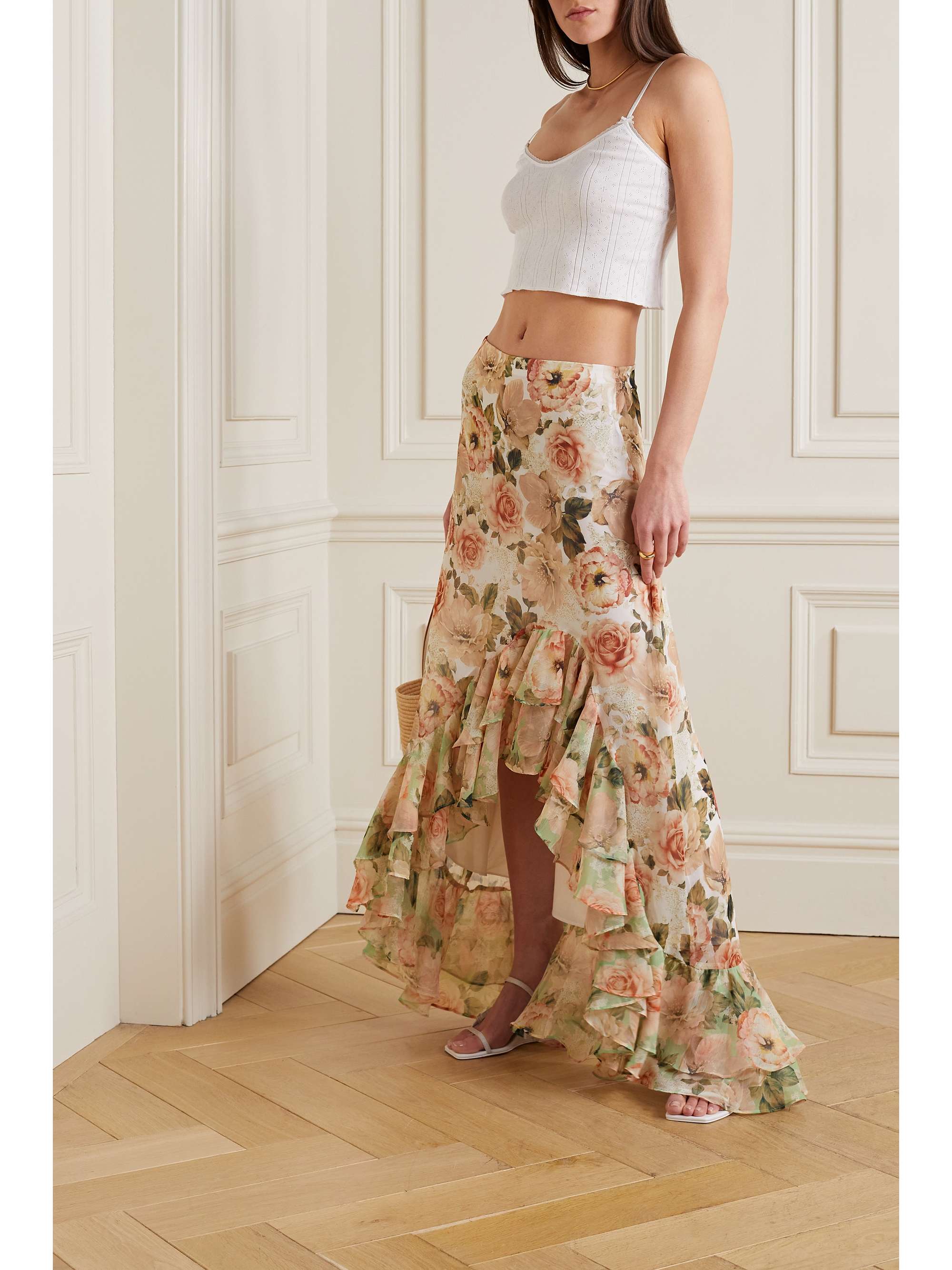 ALICE + OLIVIA Braylee asymmetrischer Maxirock aus Crêpe de Chine mit Blumenprint und Volants