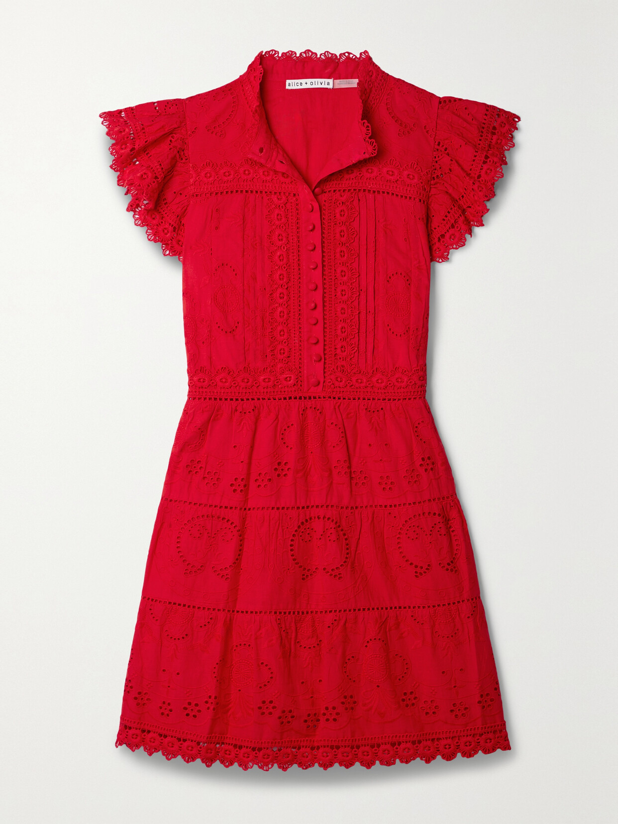 Alice And Olivia Marina Lace-trimmed Broderie Anglaise Cotton-voile Mini Dress In Red