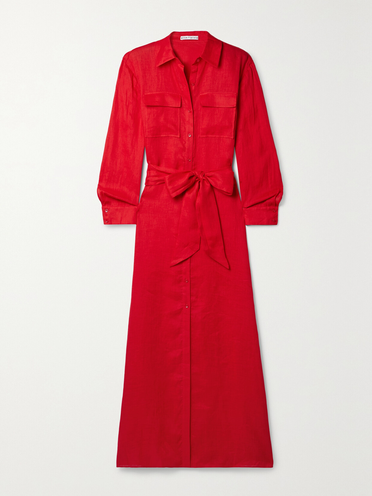 Alice + Olivia - Keara Belted Linen Maxi Shirt Dress - Red