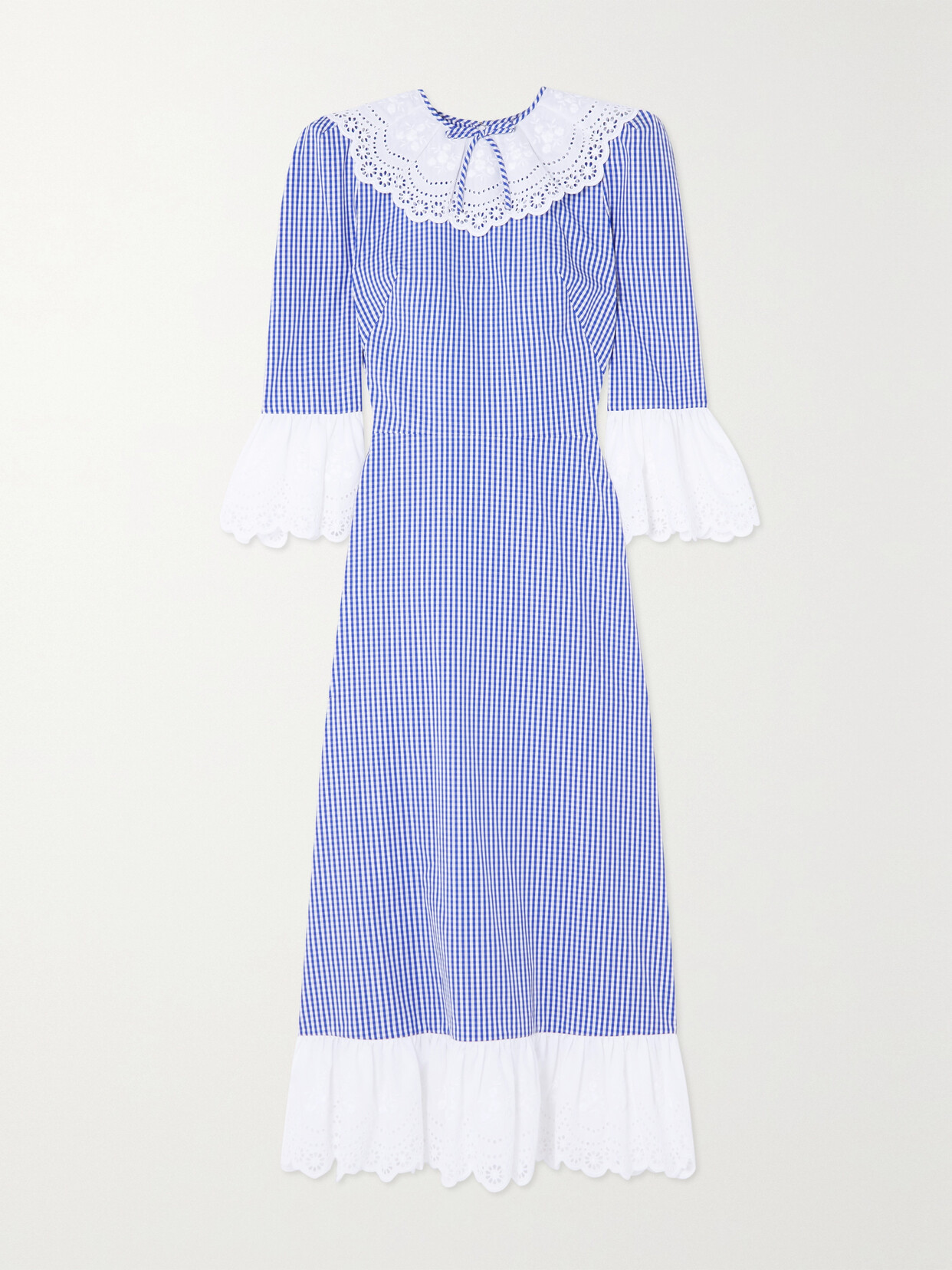 The Vampire's Wife - The Dorothy Broderie Anglaise-trimmed Gingham Cotton-poplin Midi Dress - Blue