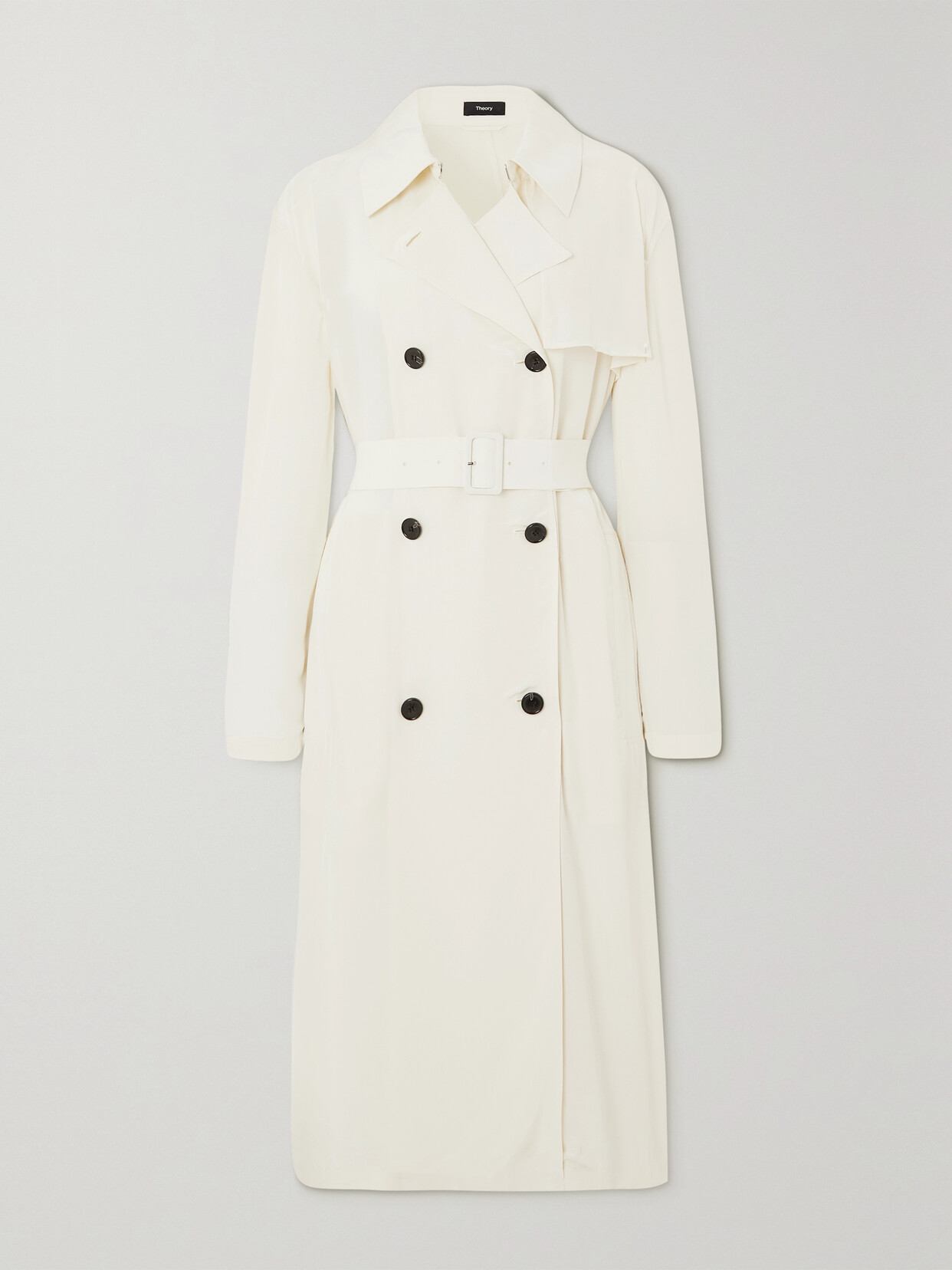 Theory Belted Double-breasted Crepe De Chine Trench Coat - Off-white