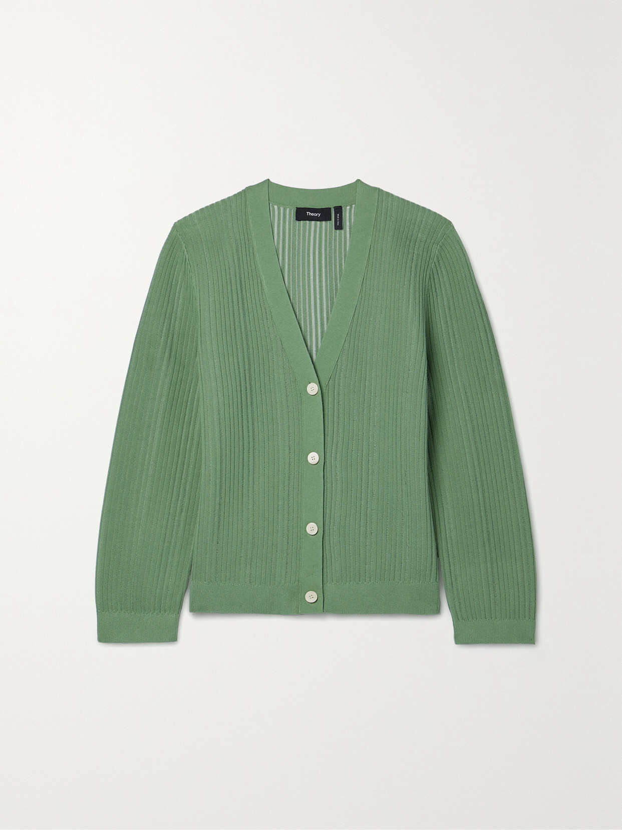 Theory Cropped Ribbed Cotton-blend Cardigan In Green