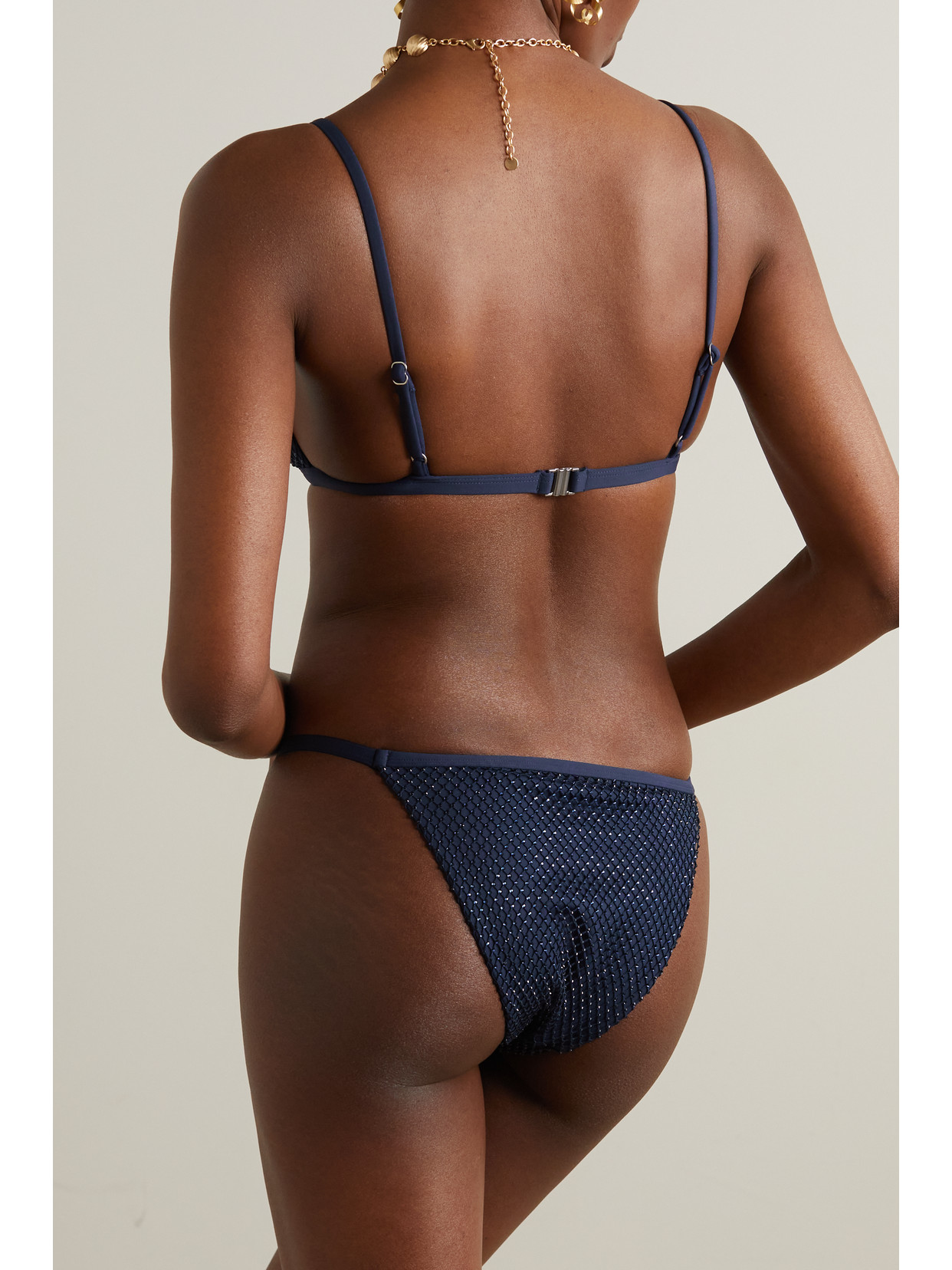 Simkhai Moxie Mesh-trimmed Crystal-embellished Bikini Briefs In Blue
