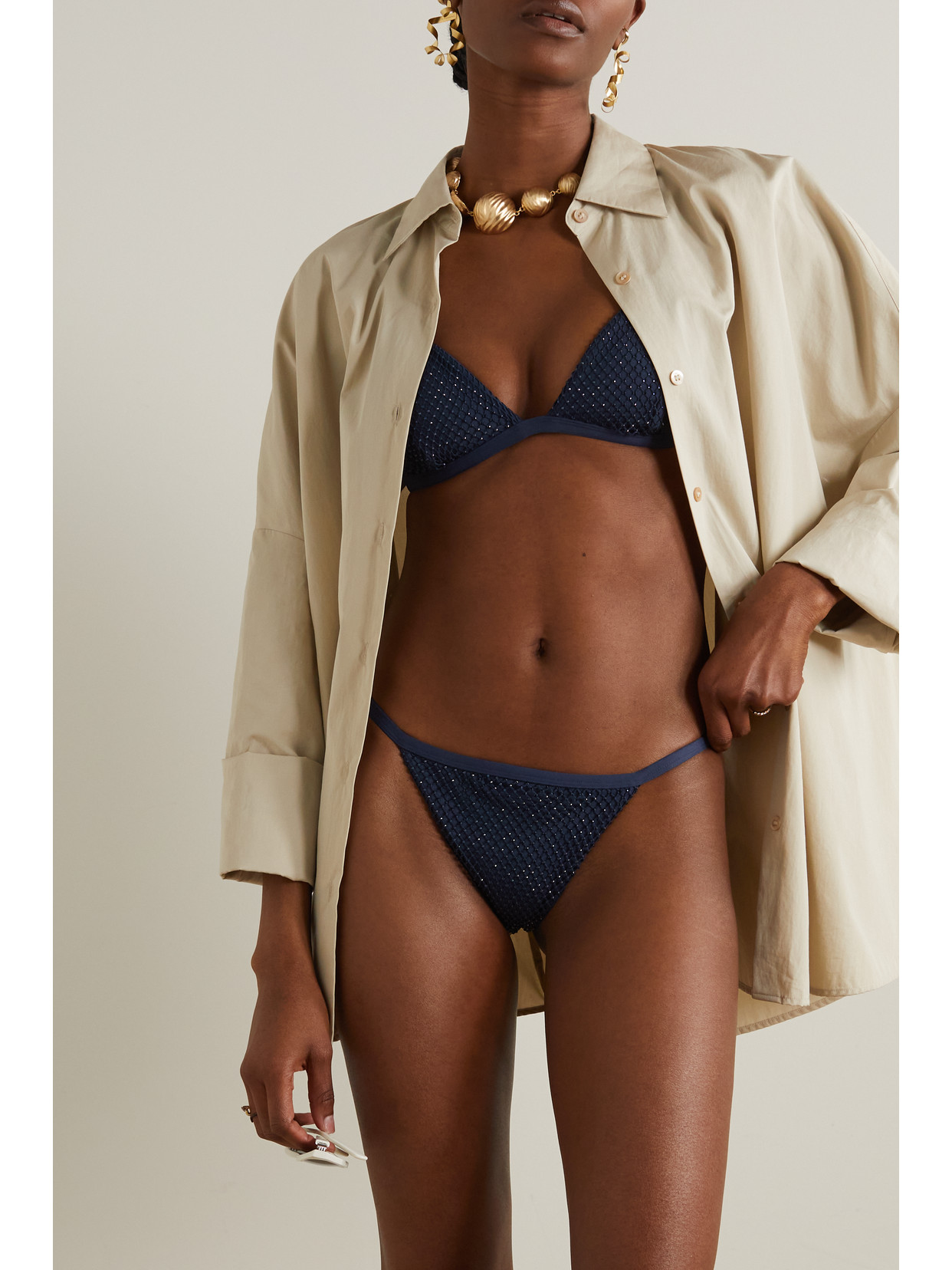 Simkhai Moxie Mesh-trimmed Crystal-embellished Bikini Briefs In Blue