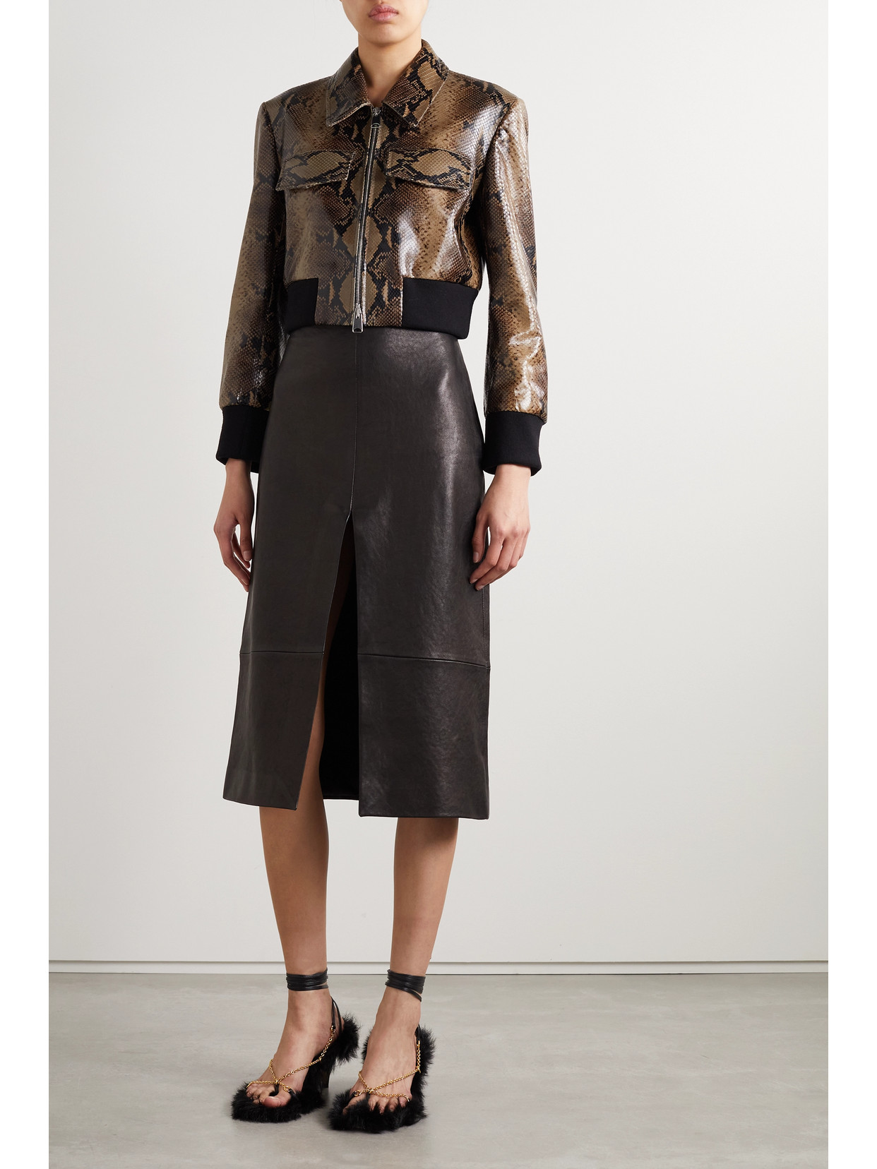 Khaite Hector Cropped Snake Print Leather Jacket In Brown
