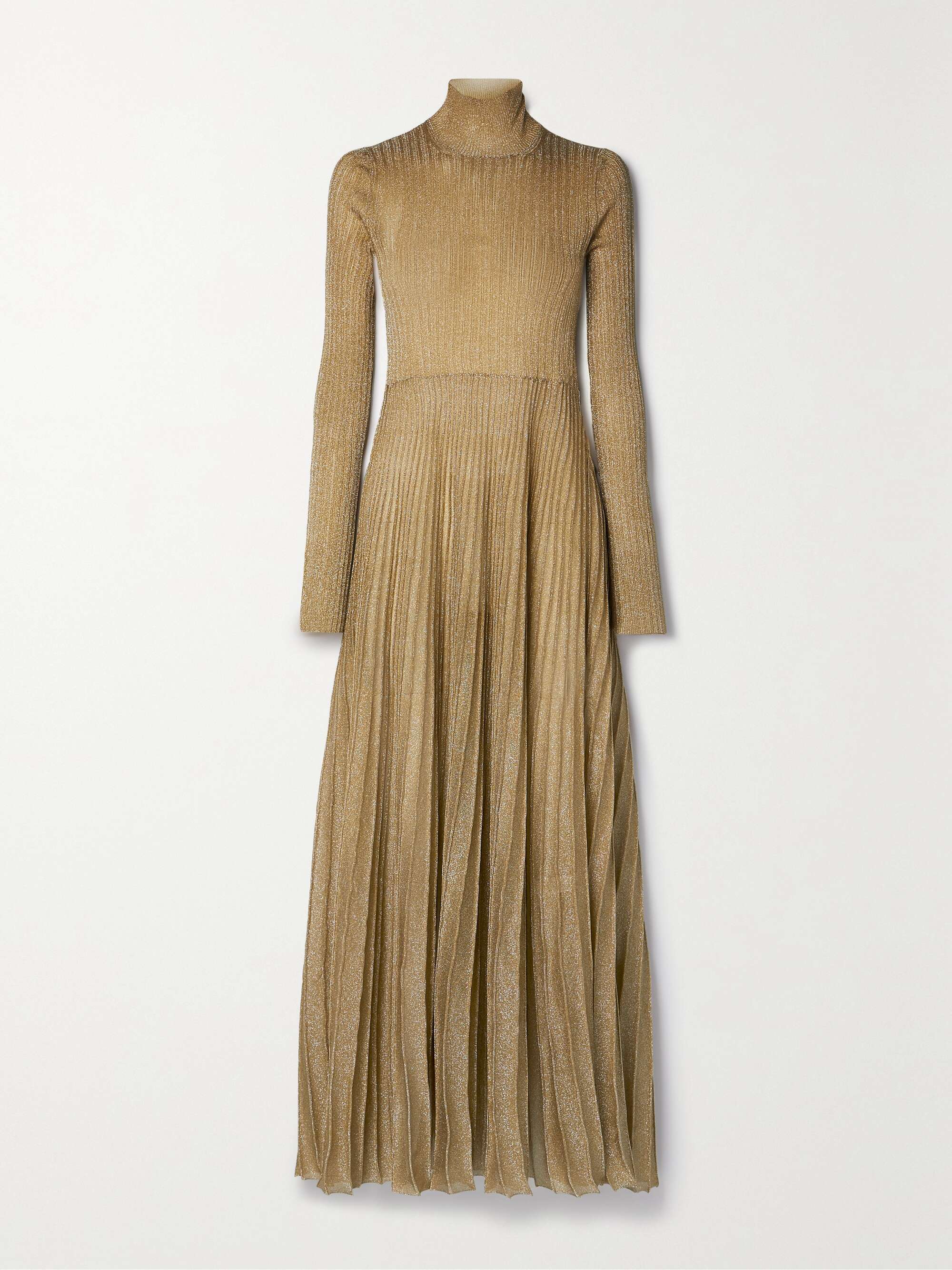 KHAITE Jupiter pleated metallic knitted maxi dress NETAPORTER
