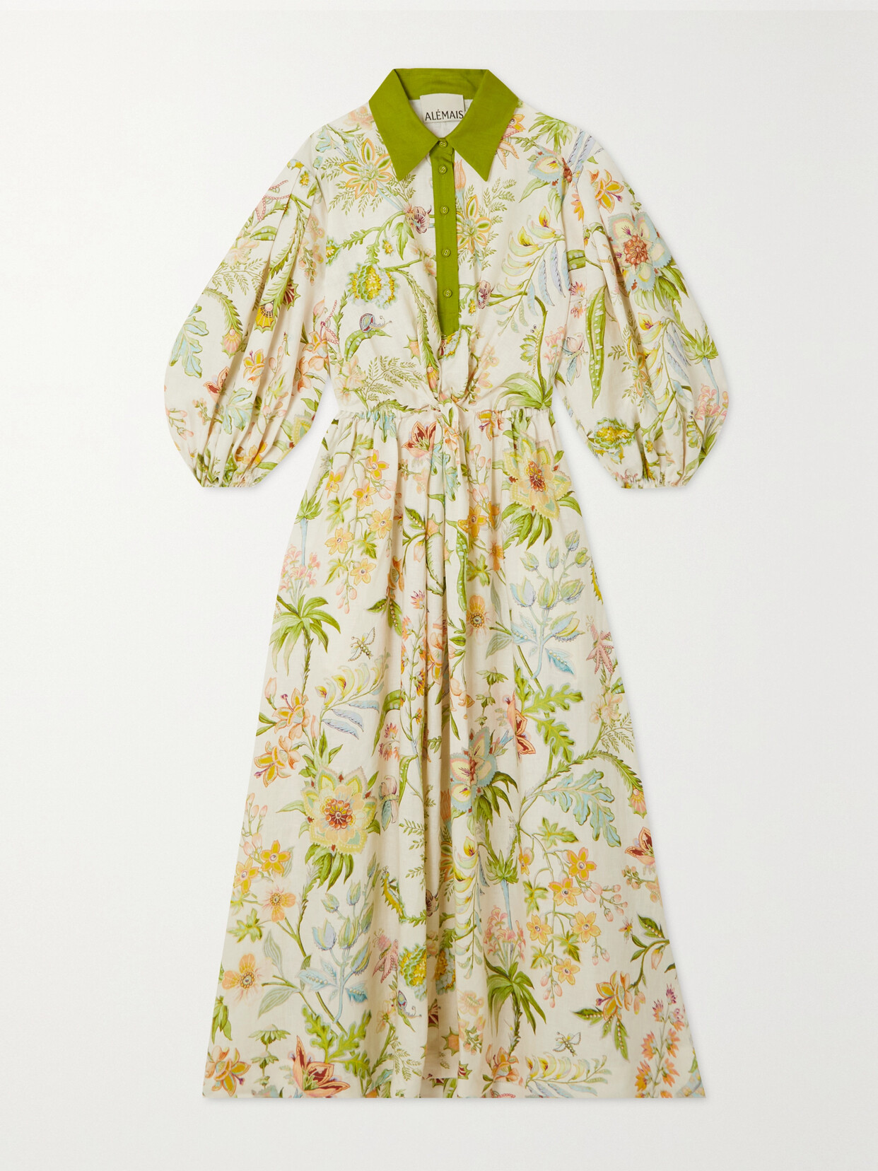 ALEMAIS IRA TWIST-FRONT CUTOUT FLORAL-PRINT LINEN MIDI SHIRT DRESS