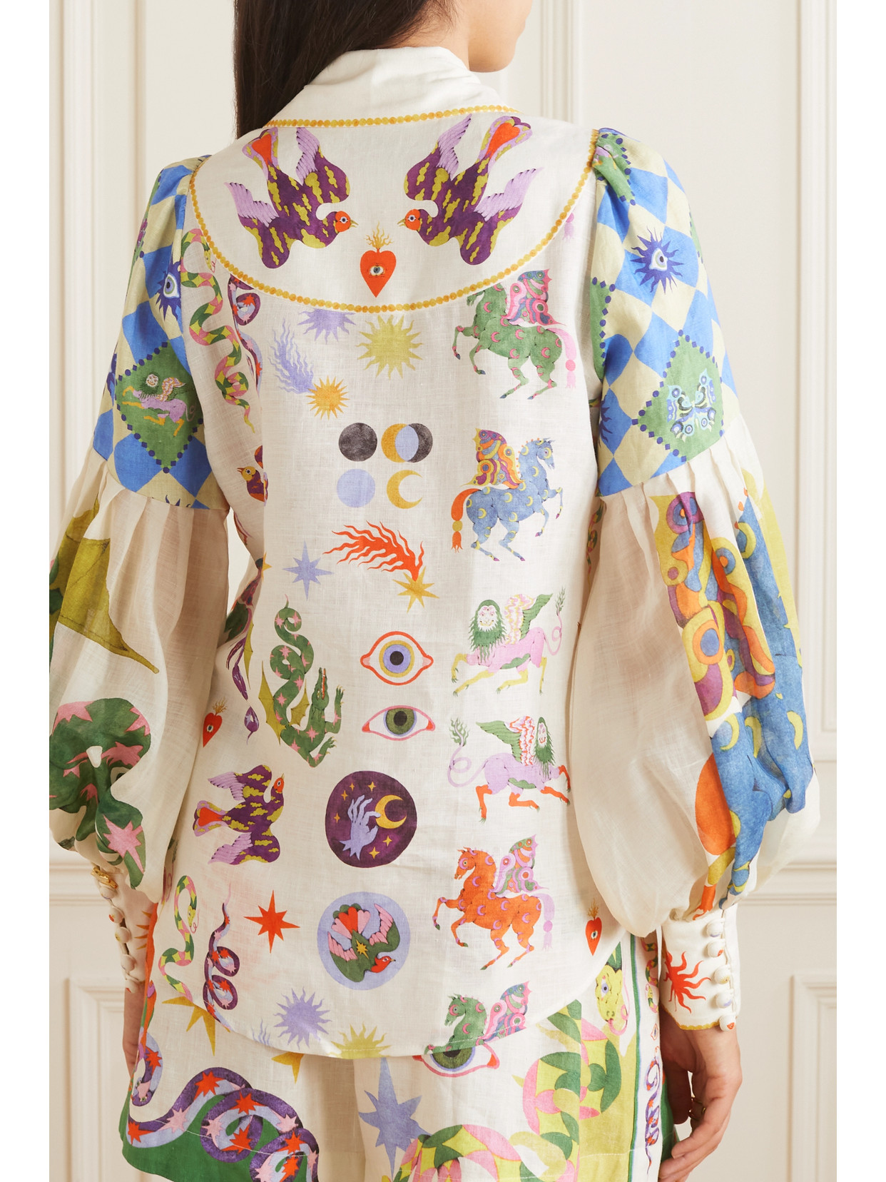 ALEMAIS + LOU BENESCH PRINTED RAMIE-TRIMMED LINEN SHIRT