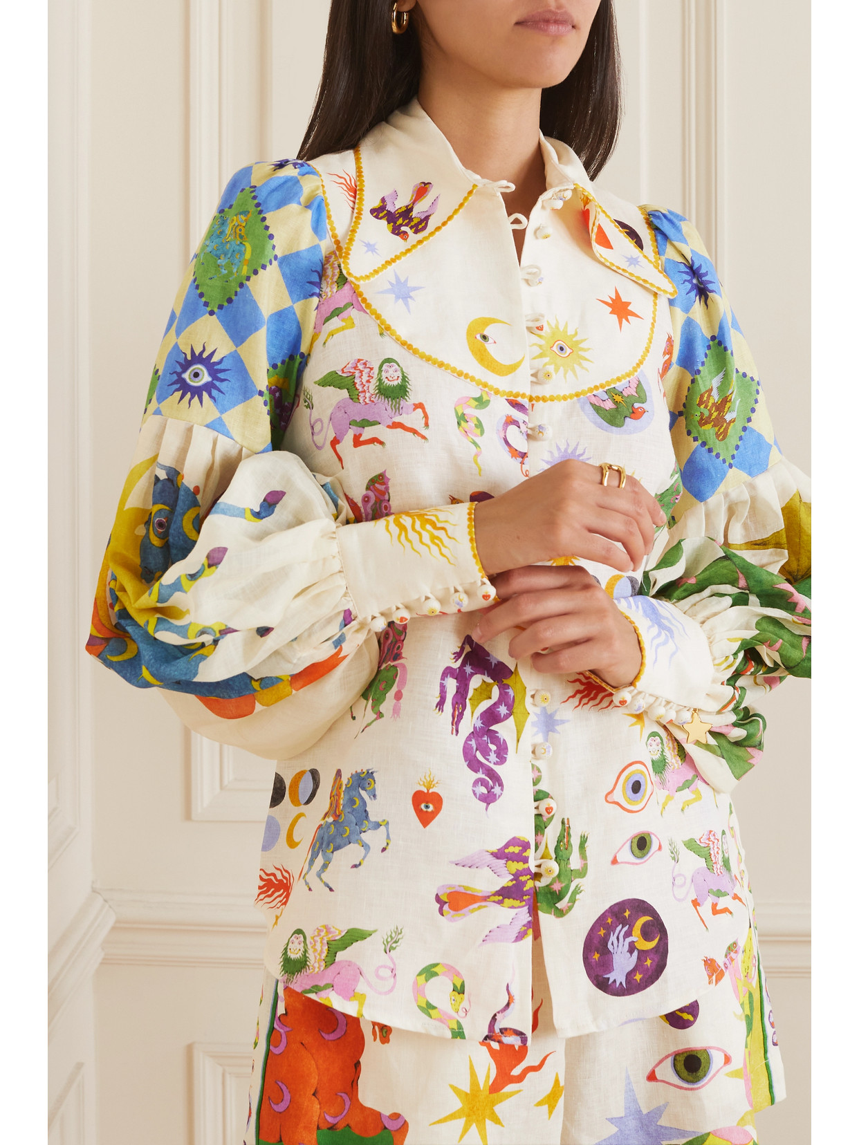 ALEMAIS + LOU BENESCH PRINTED RAMIE-TRIMMED LINEN SHIRT