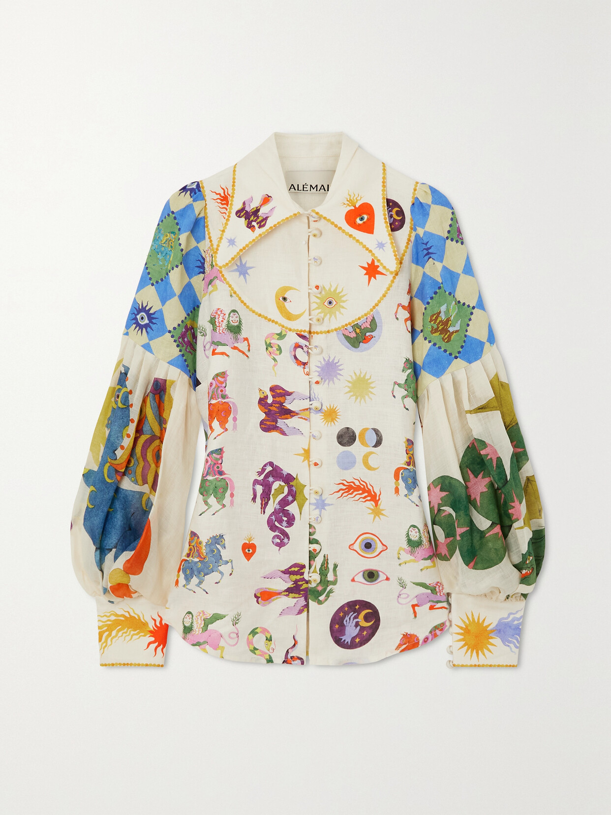 ALEMAIS + LOU BENESCH PRINTED RAMIE-TRIMMED LINEN SHIRT