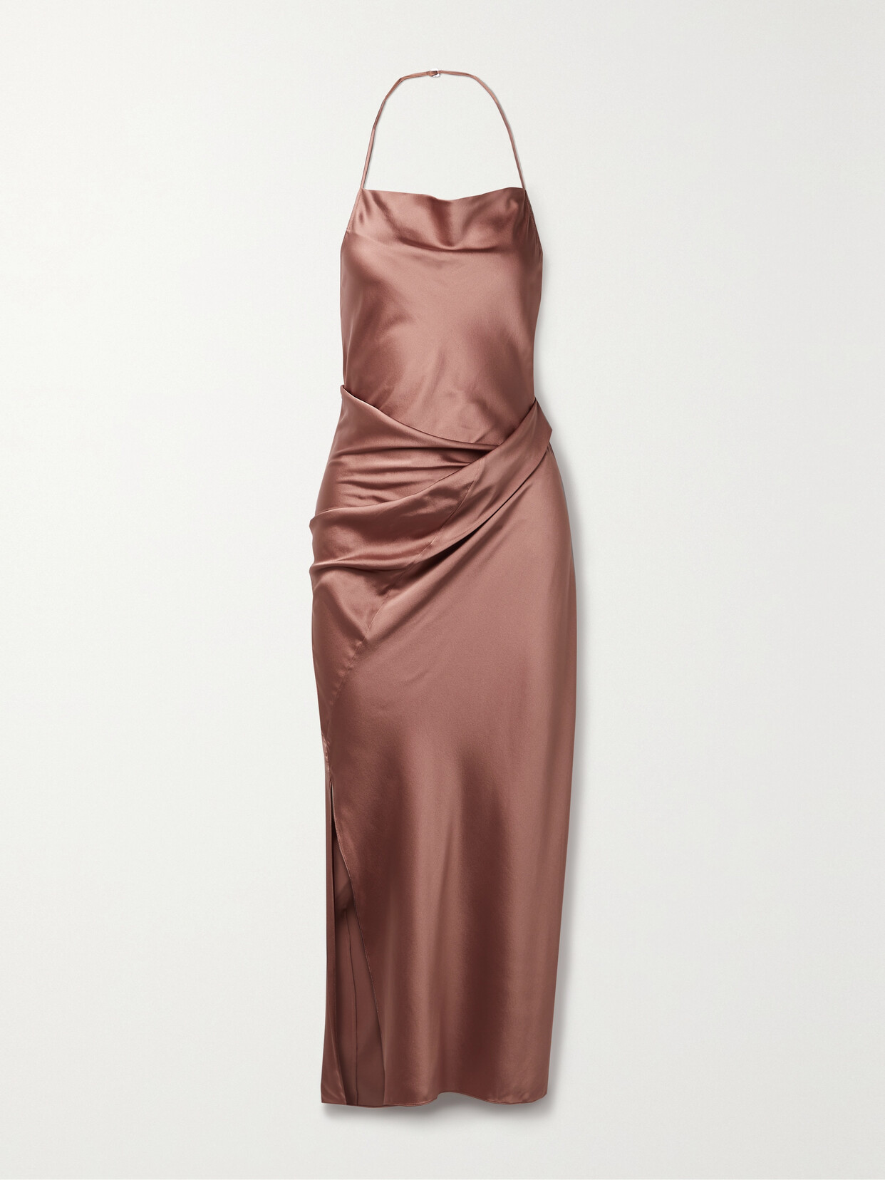 HELMUT LANG DRAPED SILK-BLEND SATIN HALTERNECK MIDI DRESS