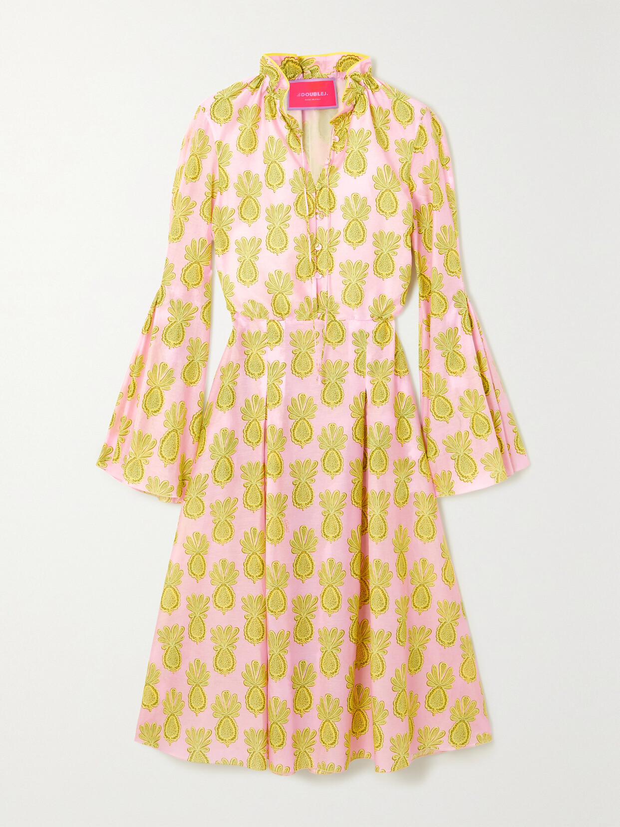 La Doublej Casanova Pleated Cotton And Silk-blend Midi Dress In Yellow