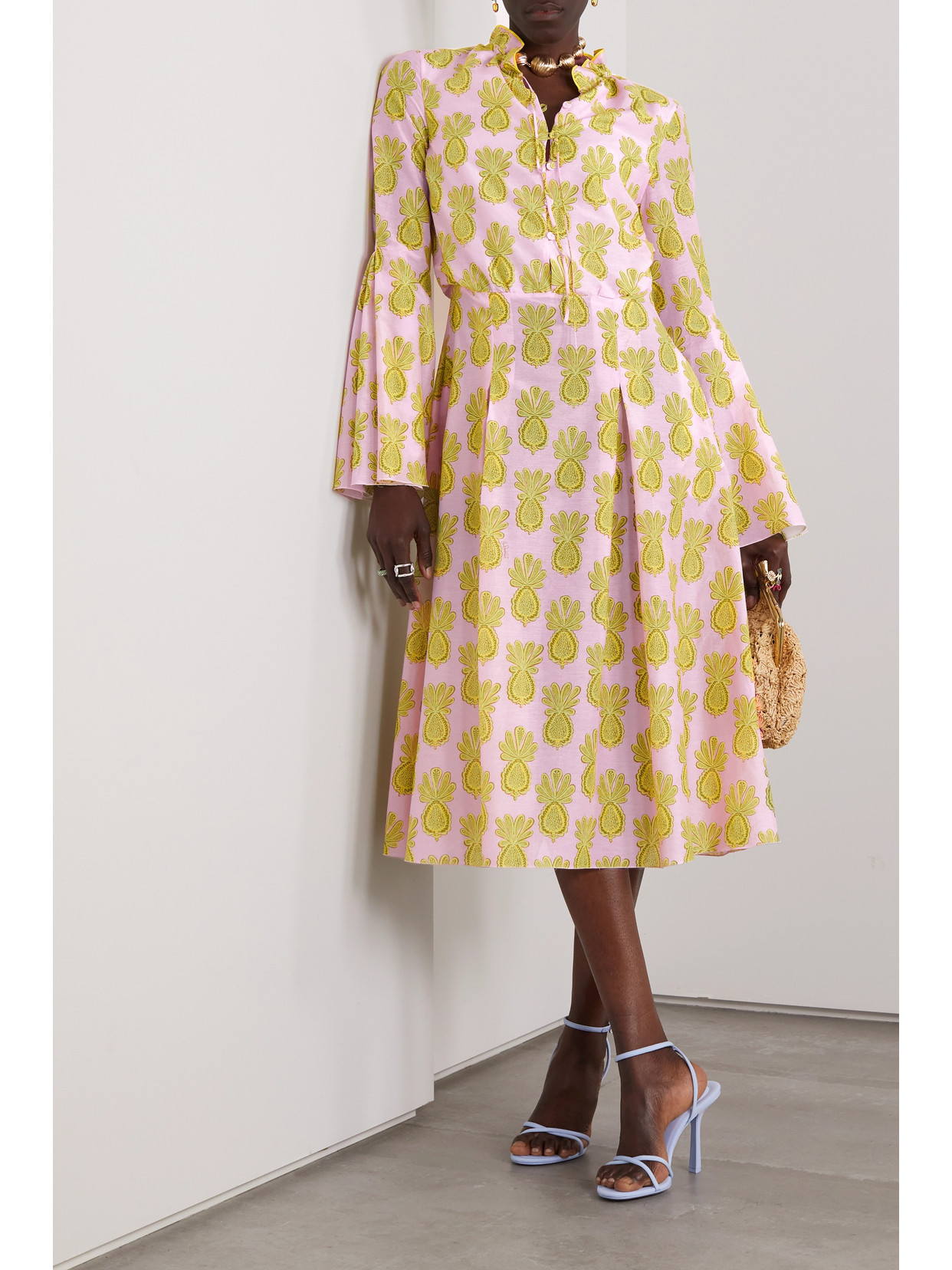 Shop La Doublej Casanova Pleated Cotton And Silk-blend Midi Dress In Yellow